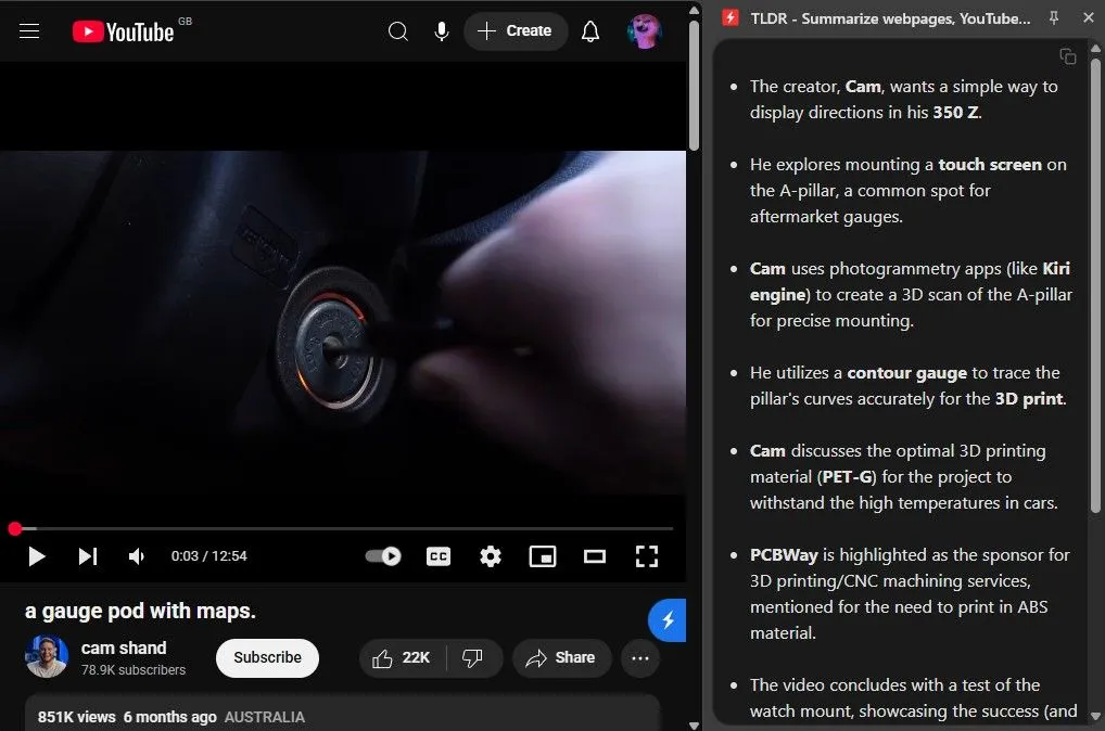Giao diện tiện ích TLDR tóm tắt video YouTube, hiển thị tóm tắt dưới dạng gạch đầu dòng