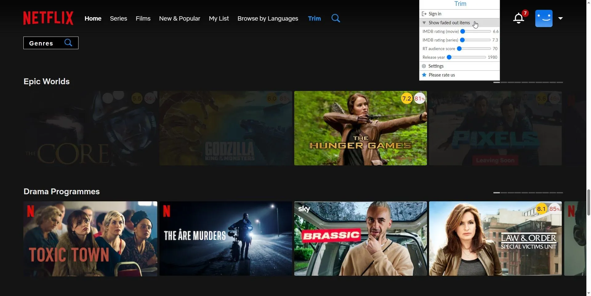 Giao diện tiện ích Trim cho Netflix sau khi kích hoạt tính năng làm mờ các bộ phim có điểm đánh giá thấp, giúp tập trung vào nội dung chất lượng cao.