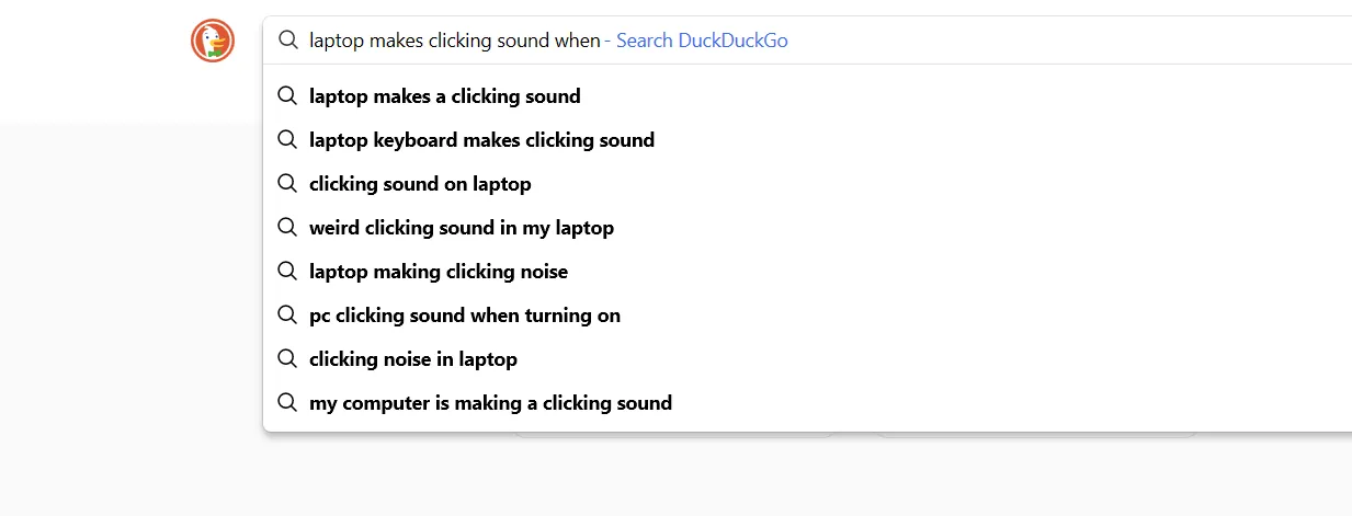 Giao diện tìm kiếm DuckDuckGo với trường nhập liệu trống, minh họa sự thiếu hụt gợi ý thông minh so với Google