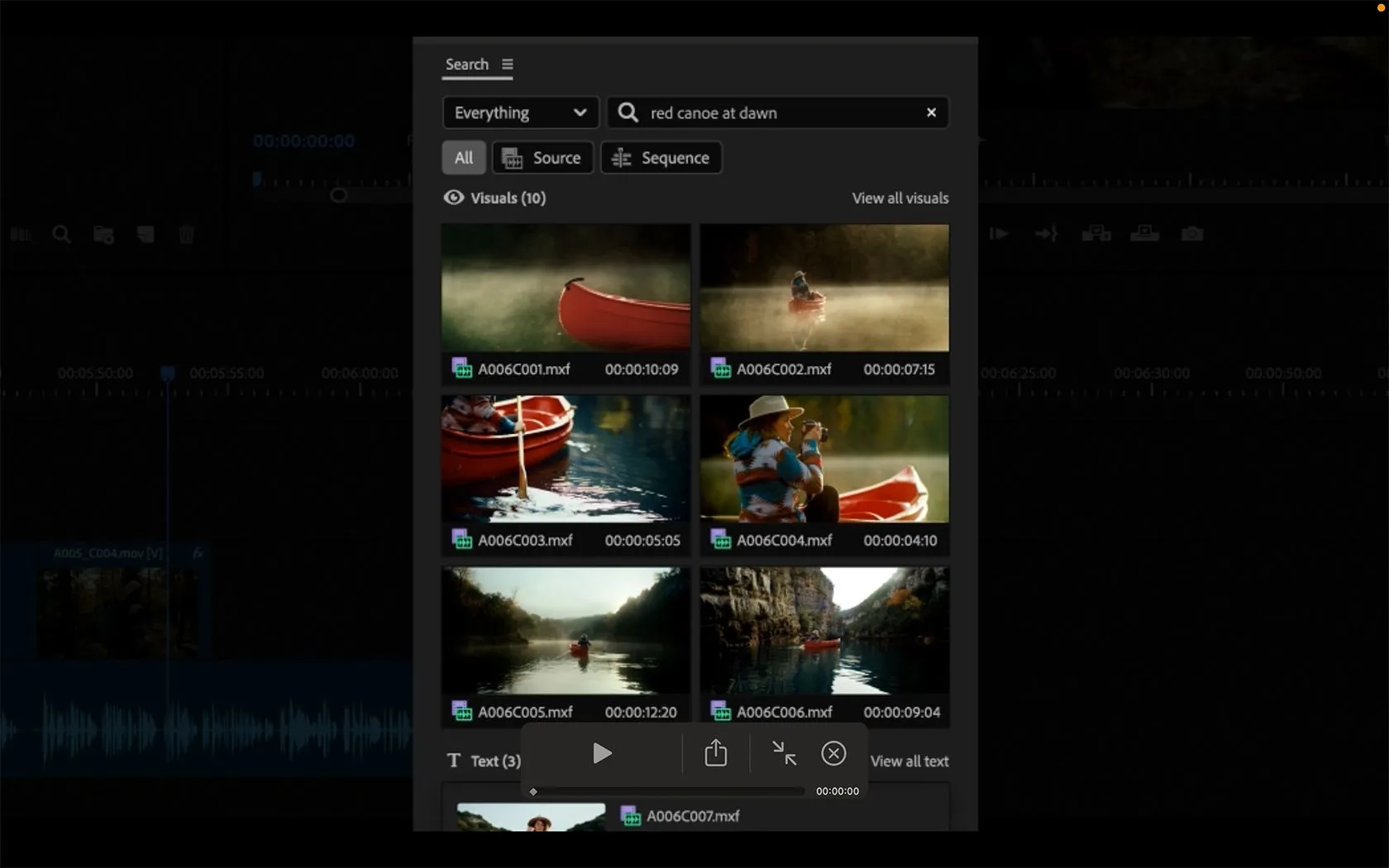 Giao diện tìm kiếm thông minh bằng AI trong Adobe Premiere Pro, cho phép tìm video theo từ khóa, nội dung, và metadata