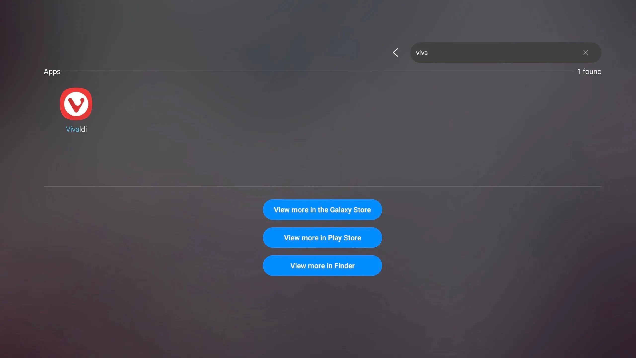 Giao diện tìm kiếm ứng dụng Vivaldi trong Samsung DeX, minh họa cách mở ứng dụng nhanh bằng phím tắt thay vì thanh tác vụ.