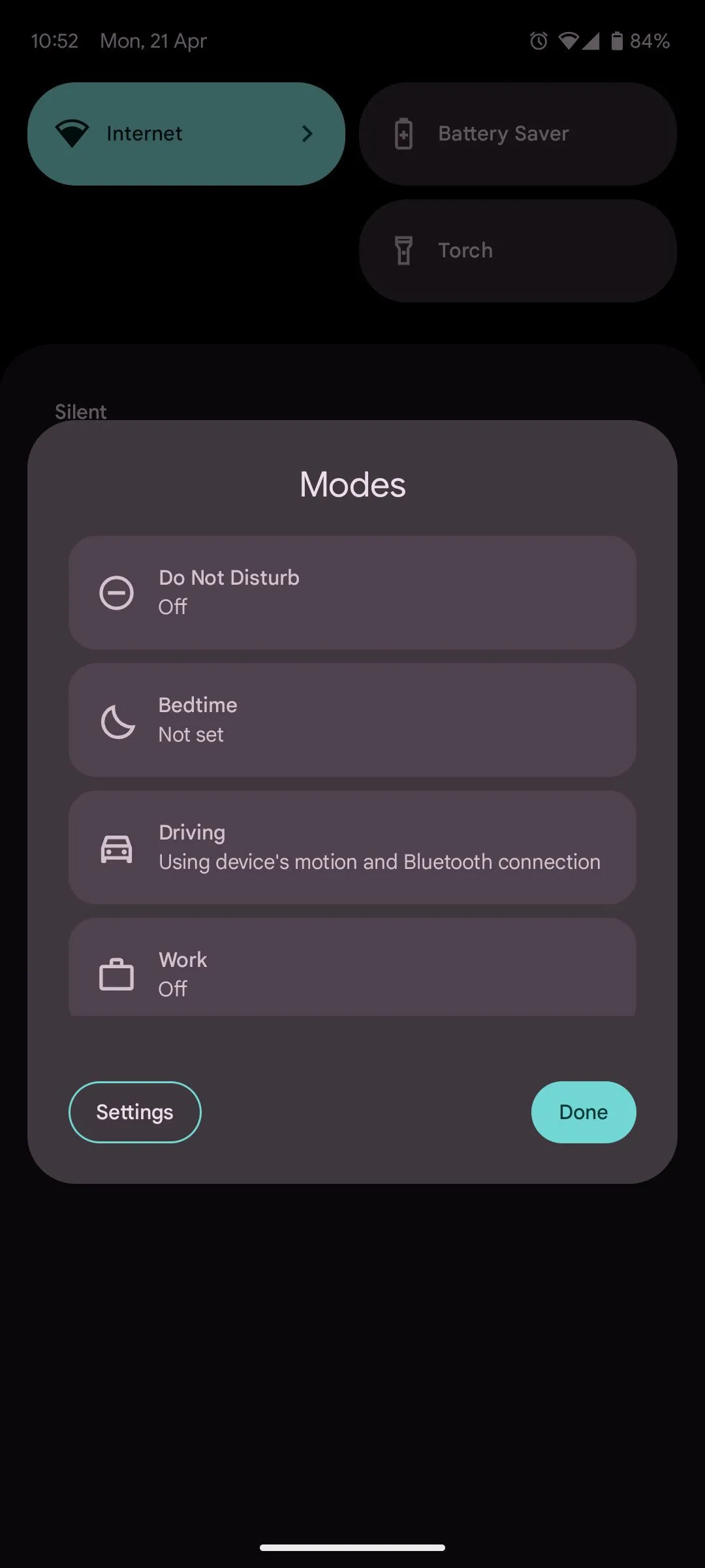 Giao diện tính năng Chế độ Modes trên Pixel trong thanh cài đặt nhanh thông báo