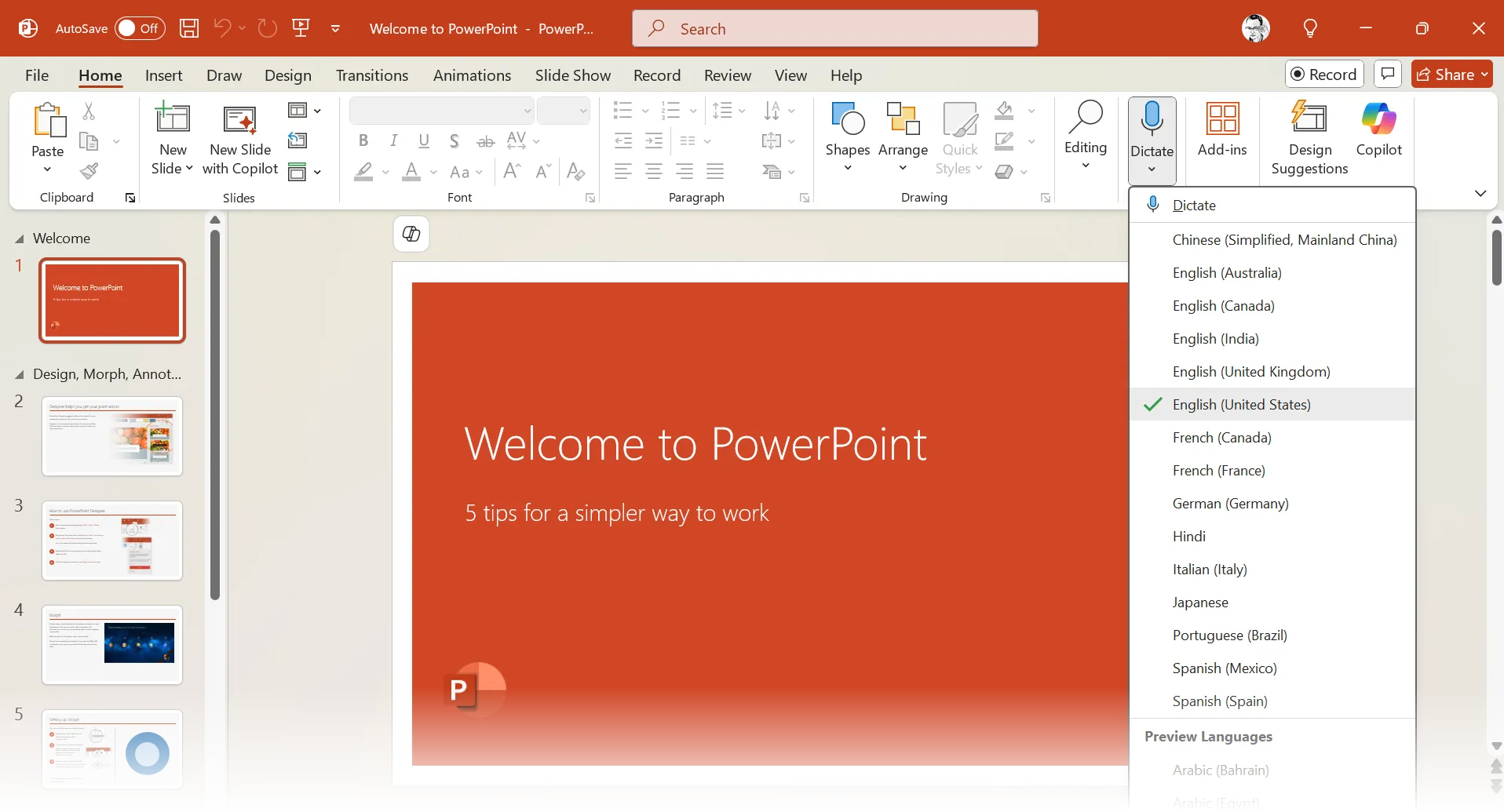 Giao diện tính năng Chuyển Giọng Nói Thành Văn Bản (Dictation) hoặc Ghi Chép (Transcribe) trong Microsoft Word, hỗ trợ tạo văn bản từ lời nói