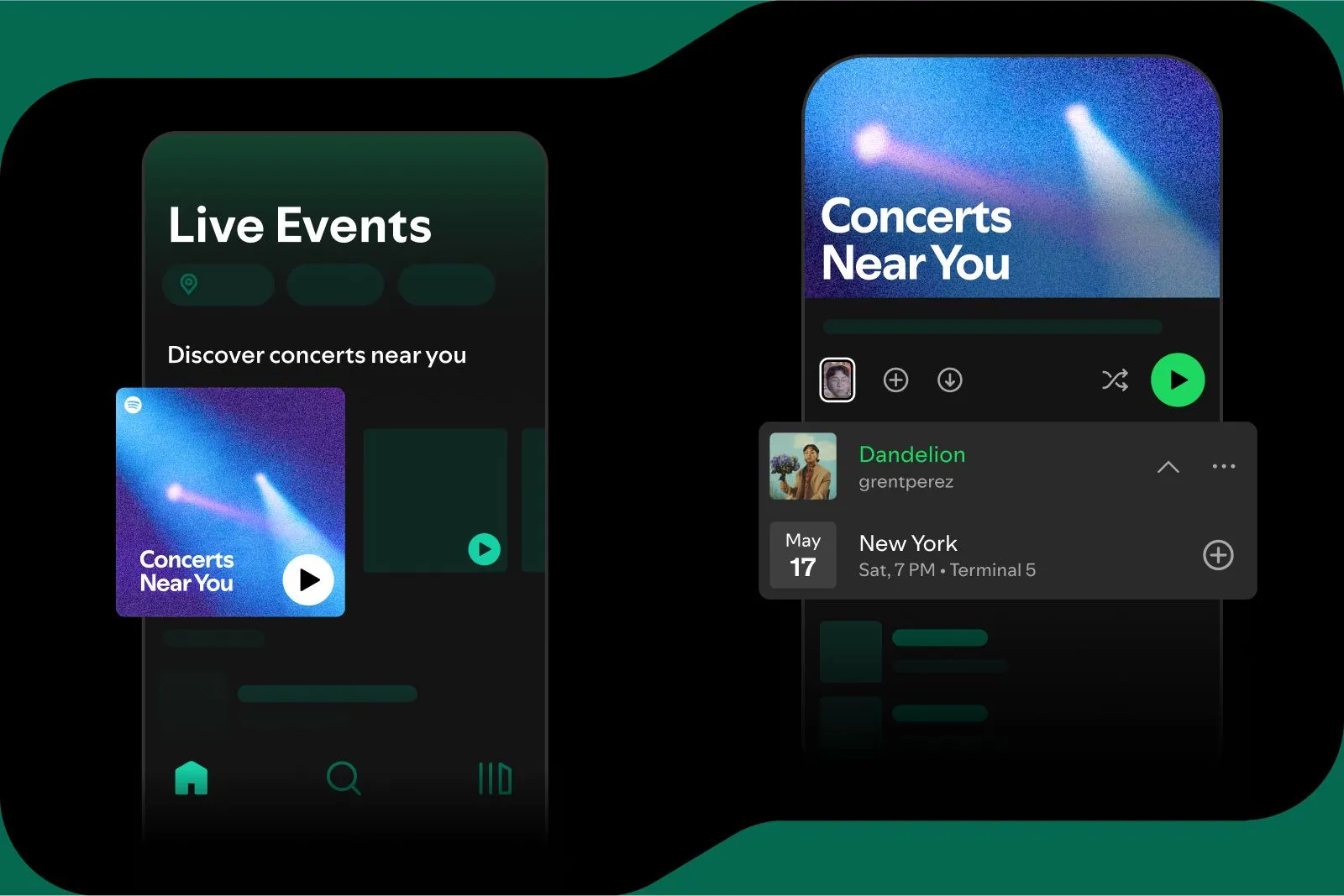 Giao diện tính năng Concerts Near You Playlist trên ứng dụng Spotify hiển thị các sự kiện âm nhạc trực tiếp.