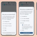 Giao diện tính năng hủy đăng ký tin nhắn tự động trên Google Messages với các tùy chọn lý do như "Không đăng ký", "Quá nhiều tin nhắn", "Không còn quan tâm", "Thư rác" và "Khác".