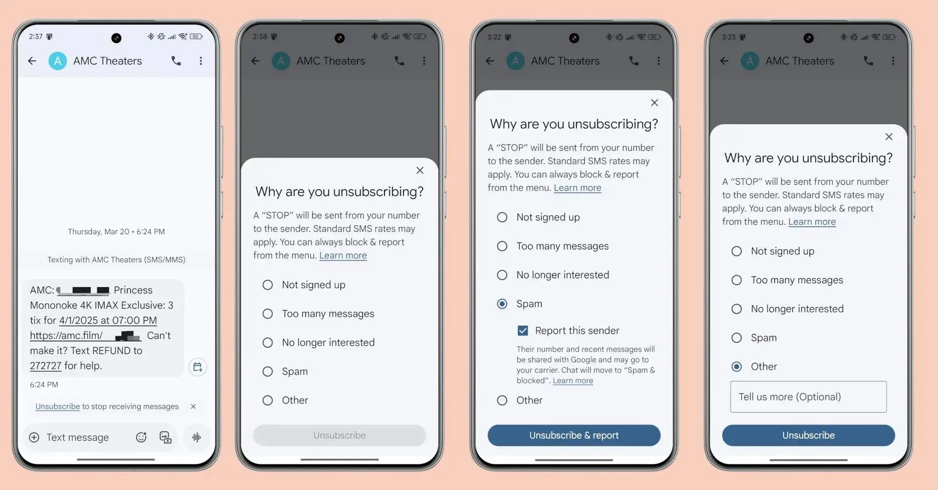 Giao diện tính năng hủy đăng ký tin nhắn tự động trên Google Messages với các tùy chọn lý do như "Không đăng ký", "Quá nhiều tin nhắn", "Không còn quan tâm", "Thư rác" và "Khác".