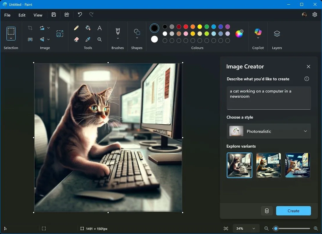 Giao diện tính năng Image Creator của Paint, cho phép tạo ảnh AI từ mô tả văn bản.