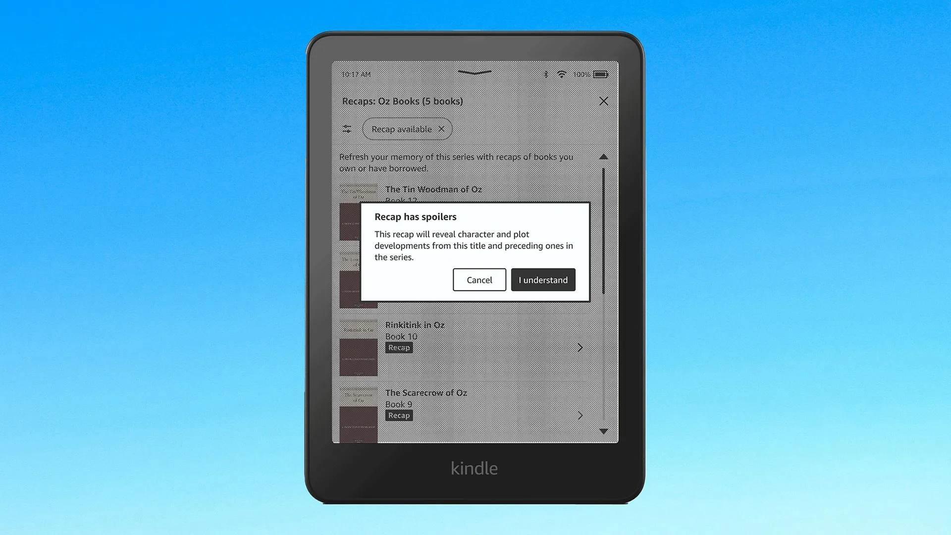 Giao diện tính năng Recaps của Amazon Kindle giúp tóm tắt nội dung sách đã đọc bằng AI, cải thiện trải nghiệm đọc series.
