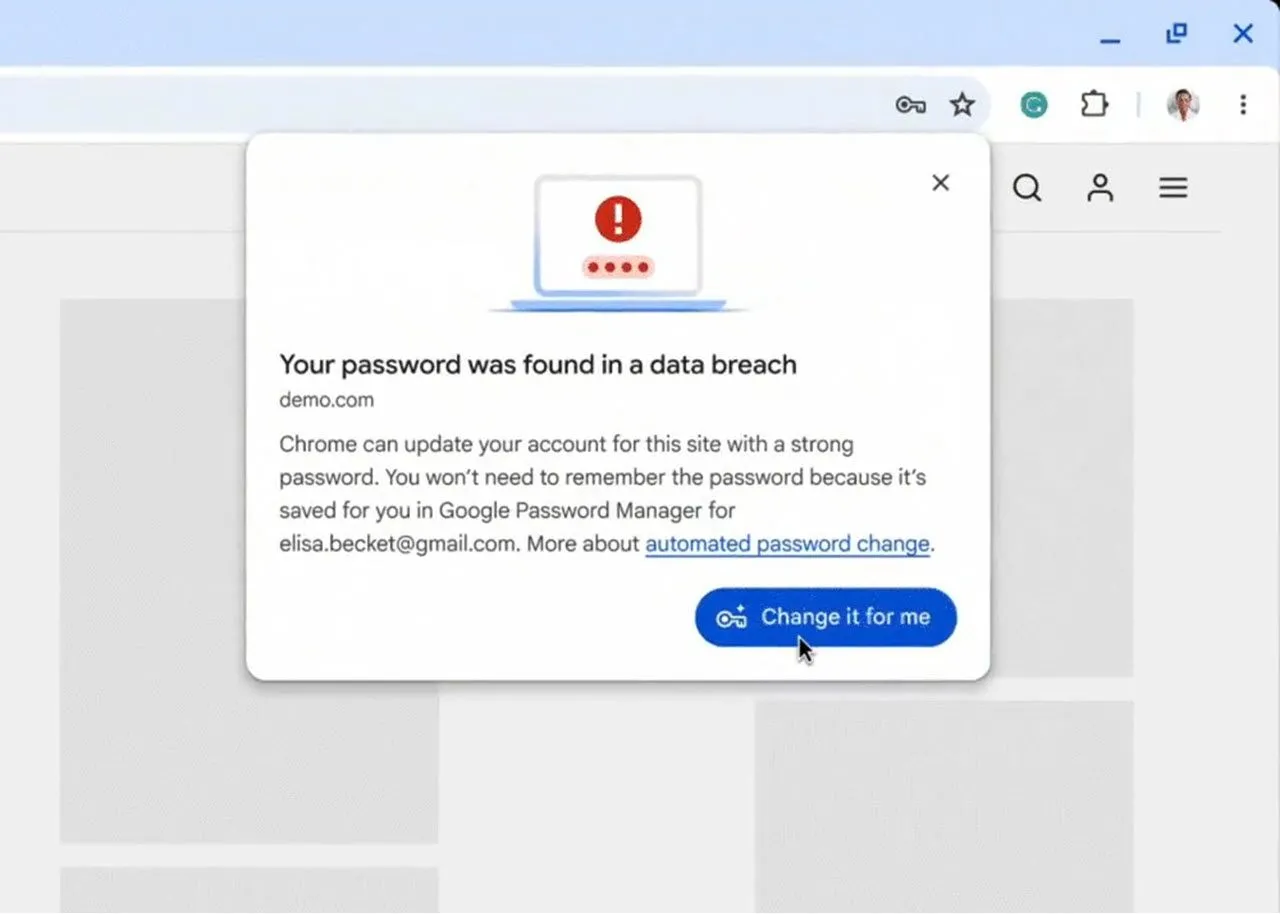 Giao diện tính năng tự động đổi mật khẩu yếu trong Google Chrome