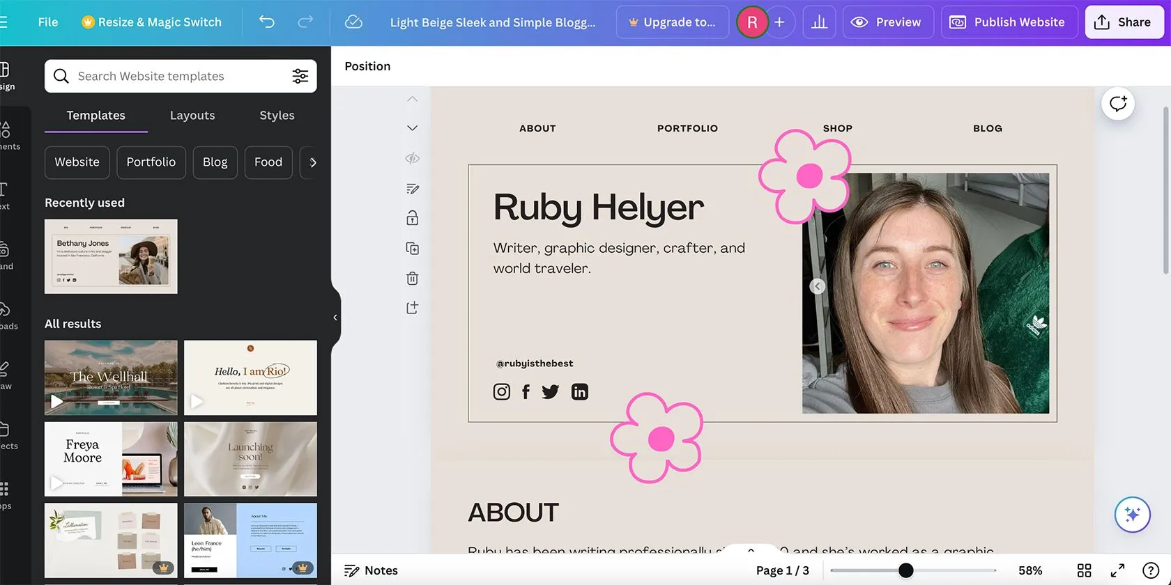 Giao diện tổng quan công cụ xây dựng website của Canva với các tùy chọn chỉnh sửa.