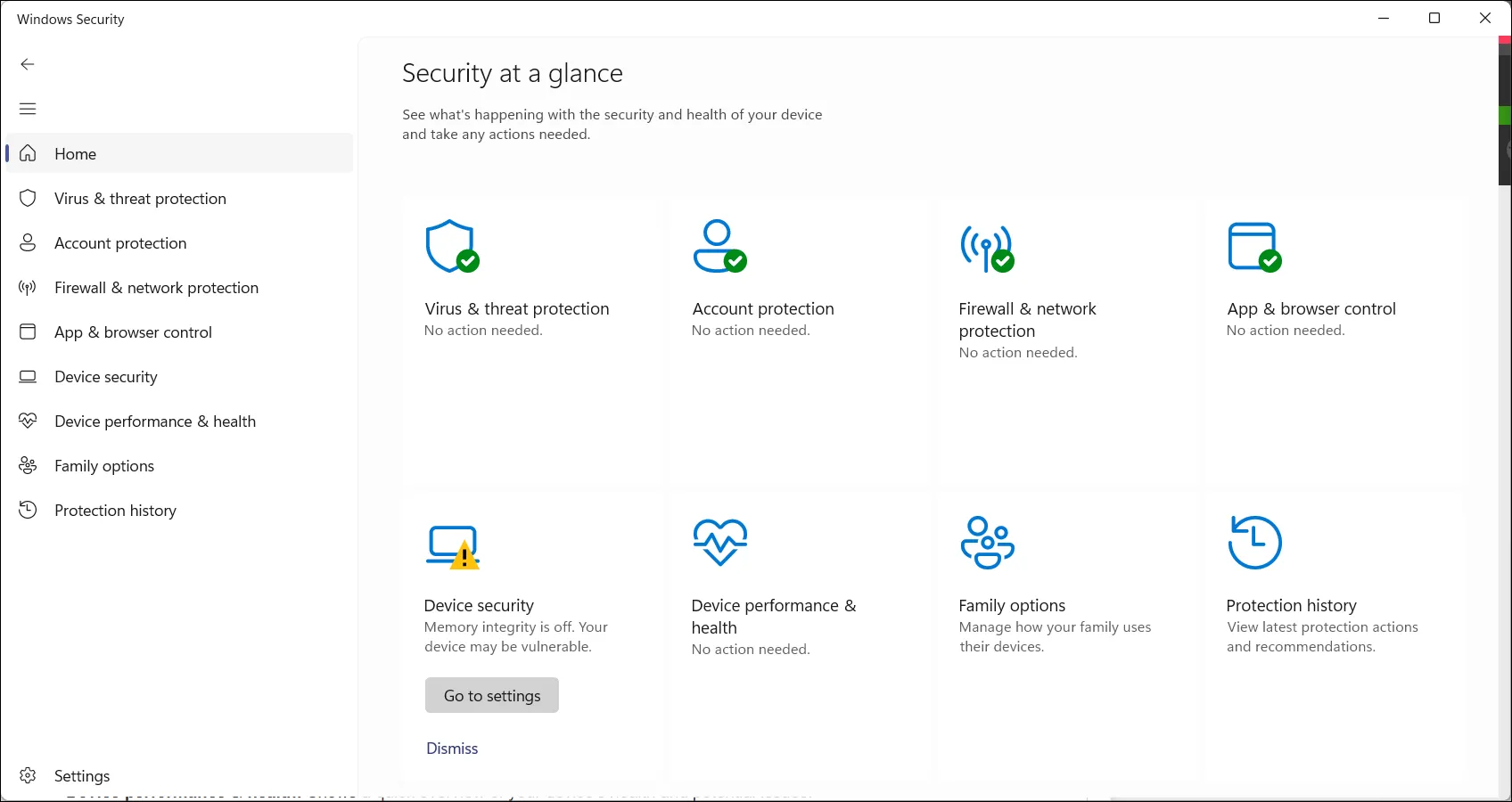 Giao diện tổng quan Windows Security hiển thị trạng thái bảo mật của hệ thống Windows 11