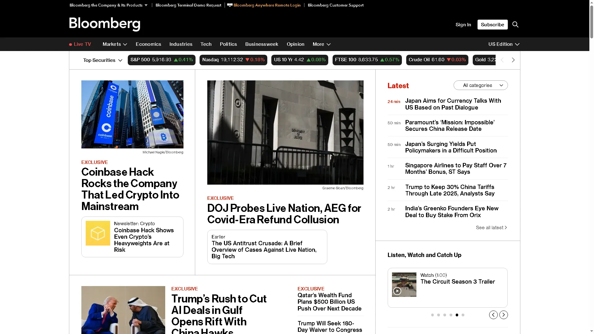 Giao diện trang chủ Bloomberg.com, một trong những website doanh nghiệp lâu đời nhất, cung cấp tin tức tài chính