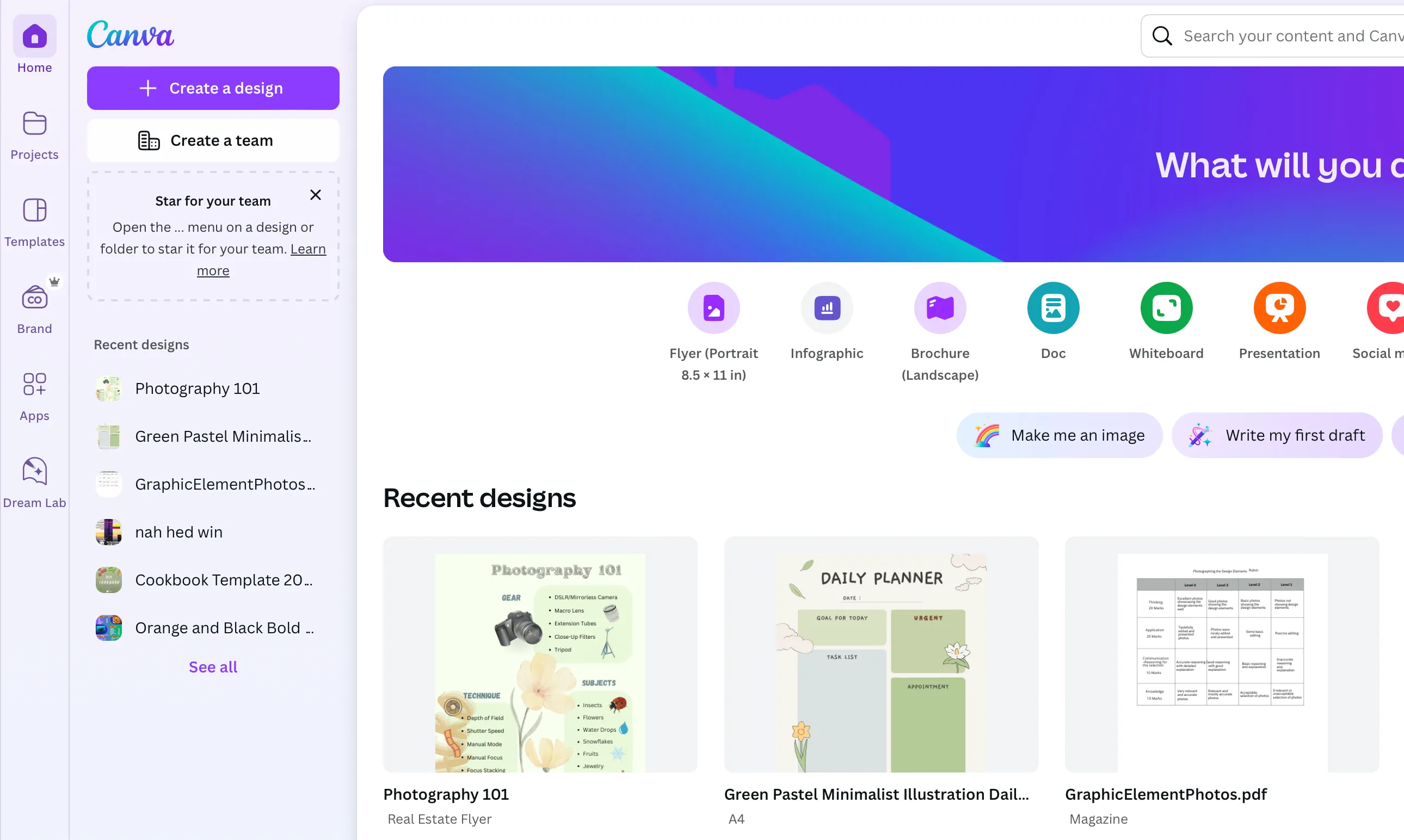 Giao diện trang chủ Canva Pro với các tùy chọn thiết kế và mẫu có sẵn
