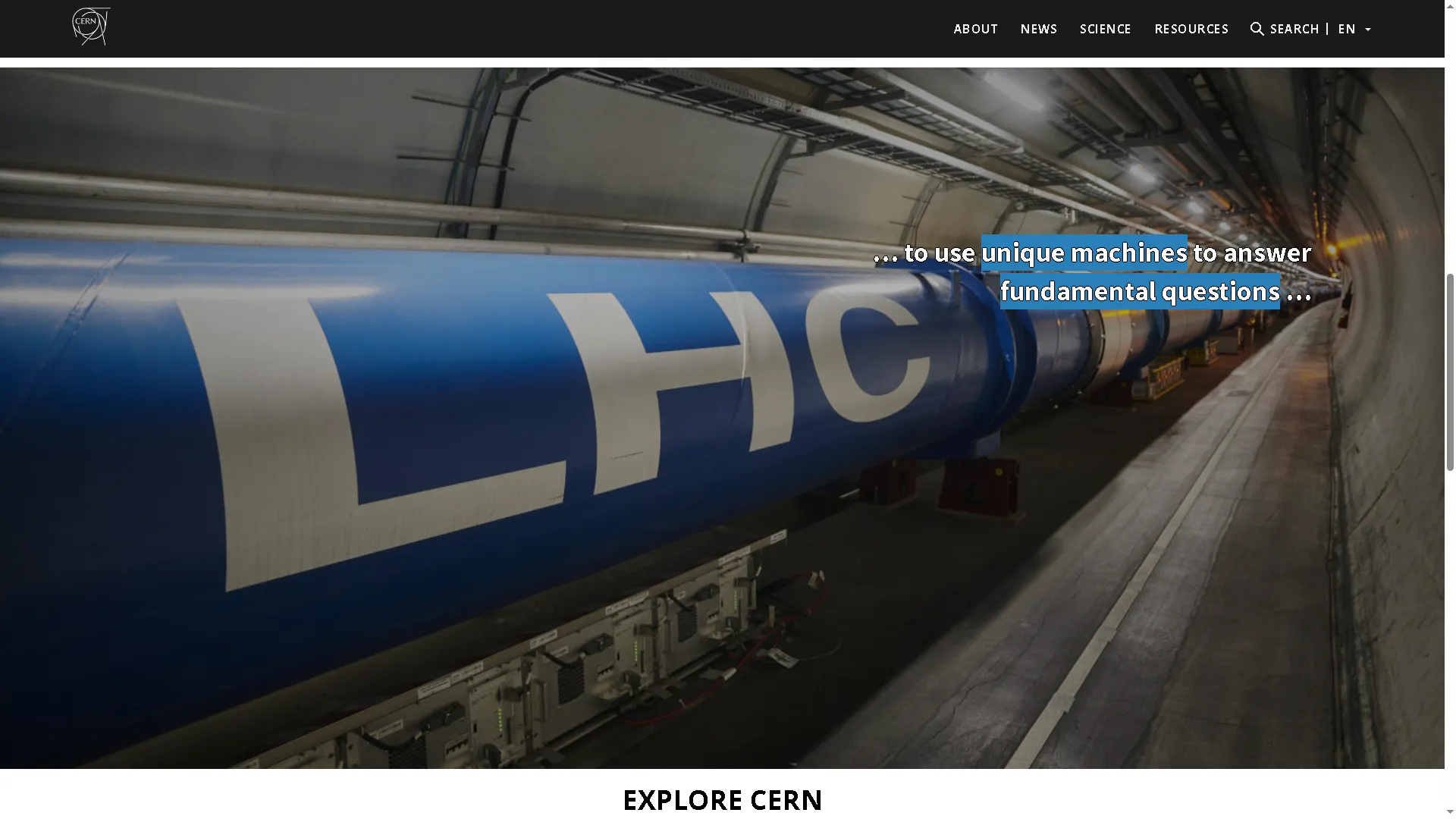 Giao diện trang chủ CERN, website đầu tiên của World Wide Web, hiển thị máy gia tốc hạt lớn (LHC)