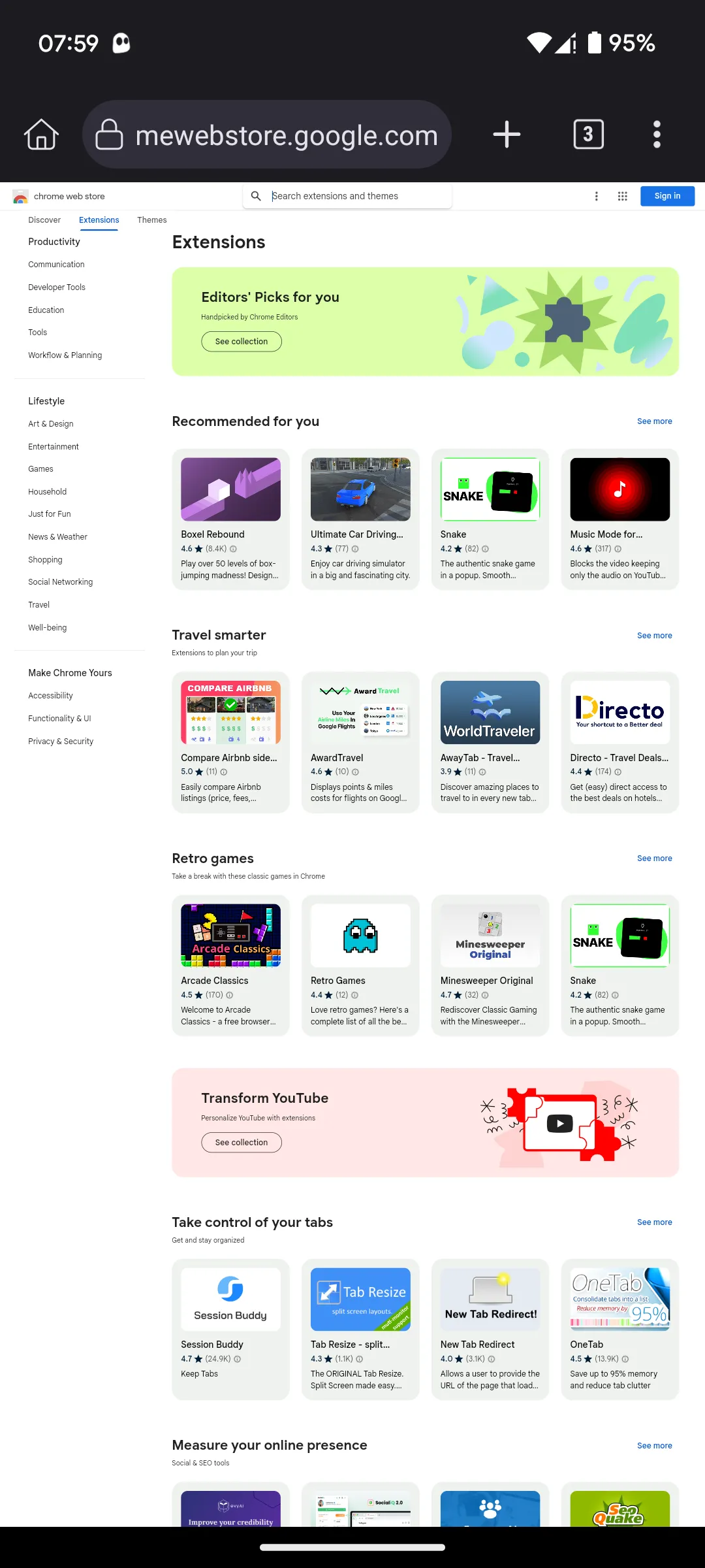 Giao diện trang chủ Chrome Web Store hiển thị trong trình duyệt Kiwi Browser trên điện thoại Android.