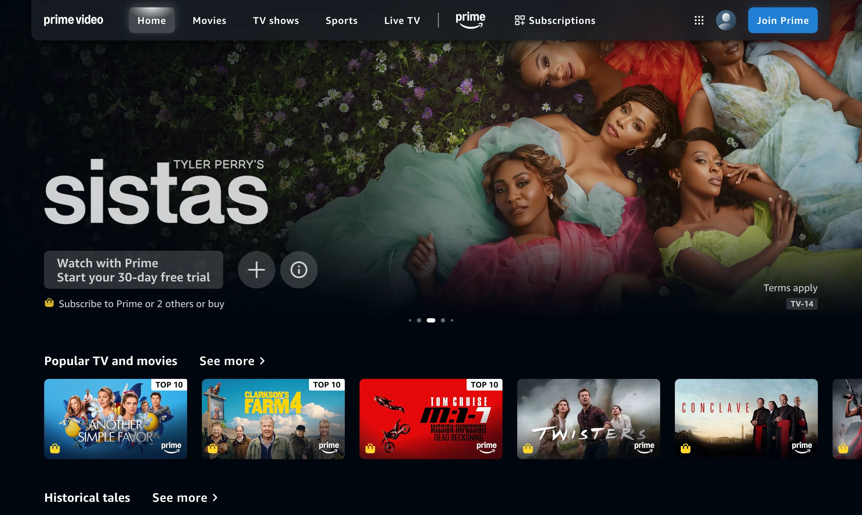 Giao diện trang chủ của dịch vụ streaming Amazon Prime Video hiển thị các phim và chương trình TV