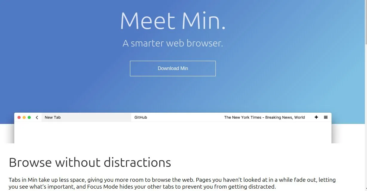 Giao diện trang chủ đơn giản của trình duyệt Min Browser, minh họa sự tối giản và tập trung.