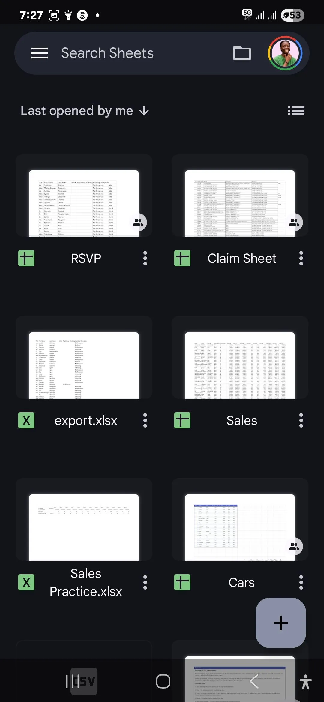 Giao diện trang chủ Google Sheets trên thiết bị Android, minh họa tính nhất quán trong trải nghiệm người dùng của hệ sinh thái Google Workspace.