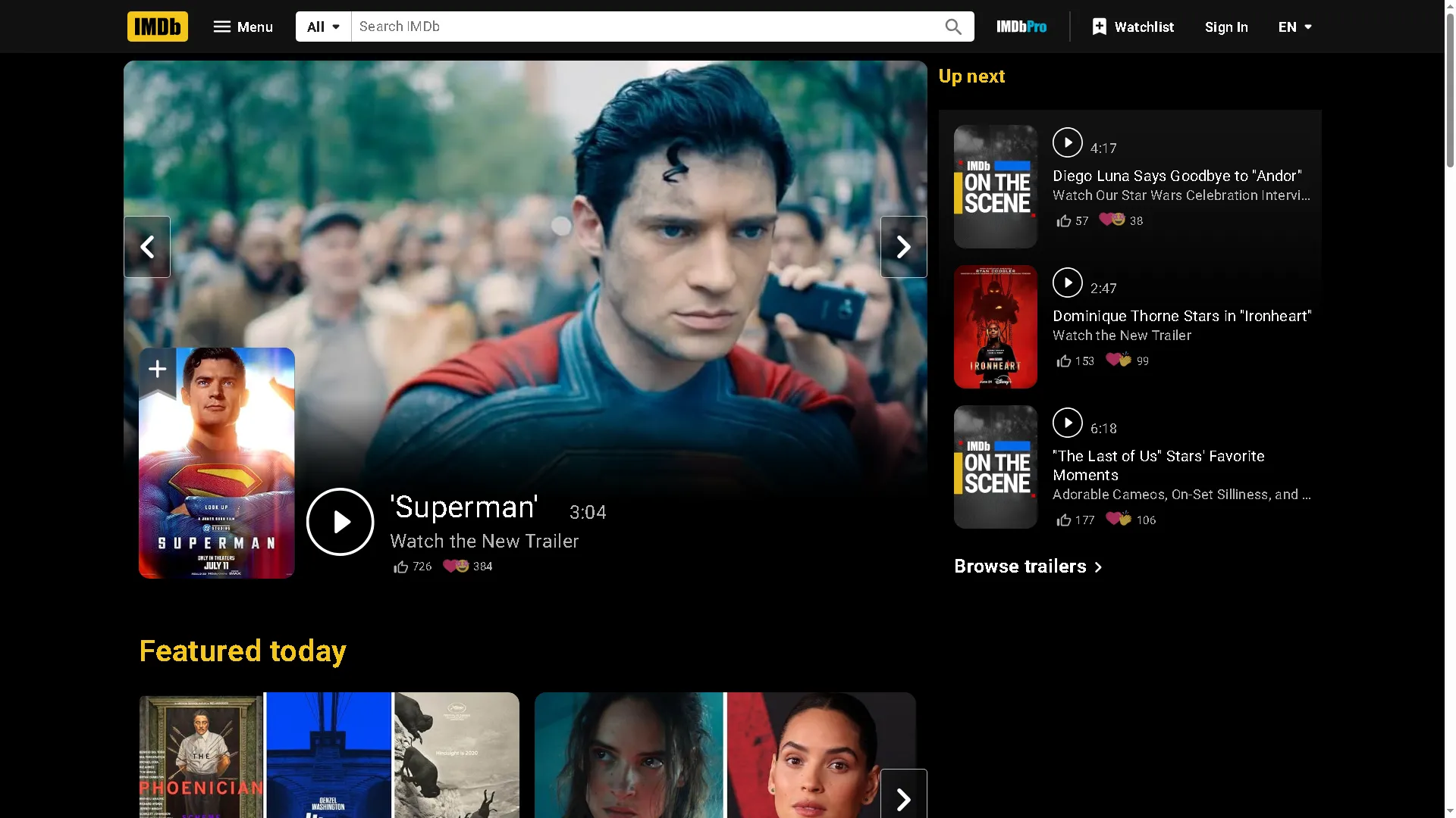 Giao diện trang chủ IMDb.com với hình ảnh Superman, cơ sở dữ liệu phim ảnh lớn nhất thế giới, ra đời năm 1993