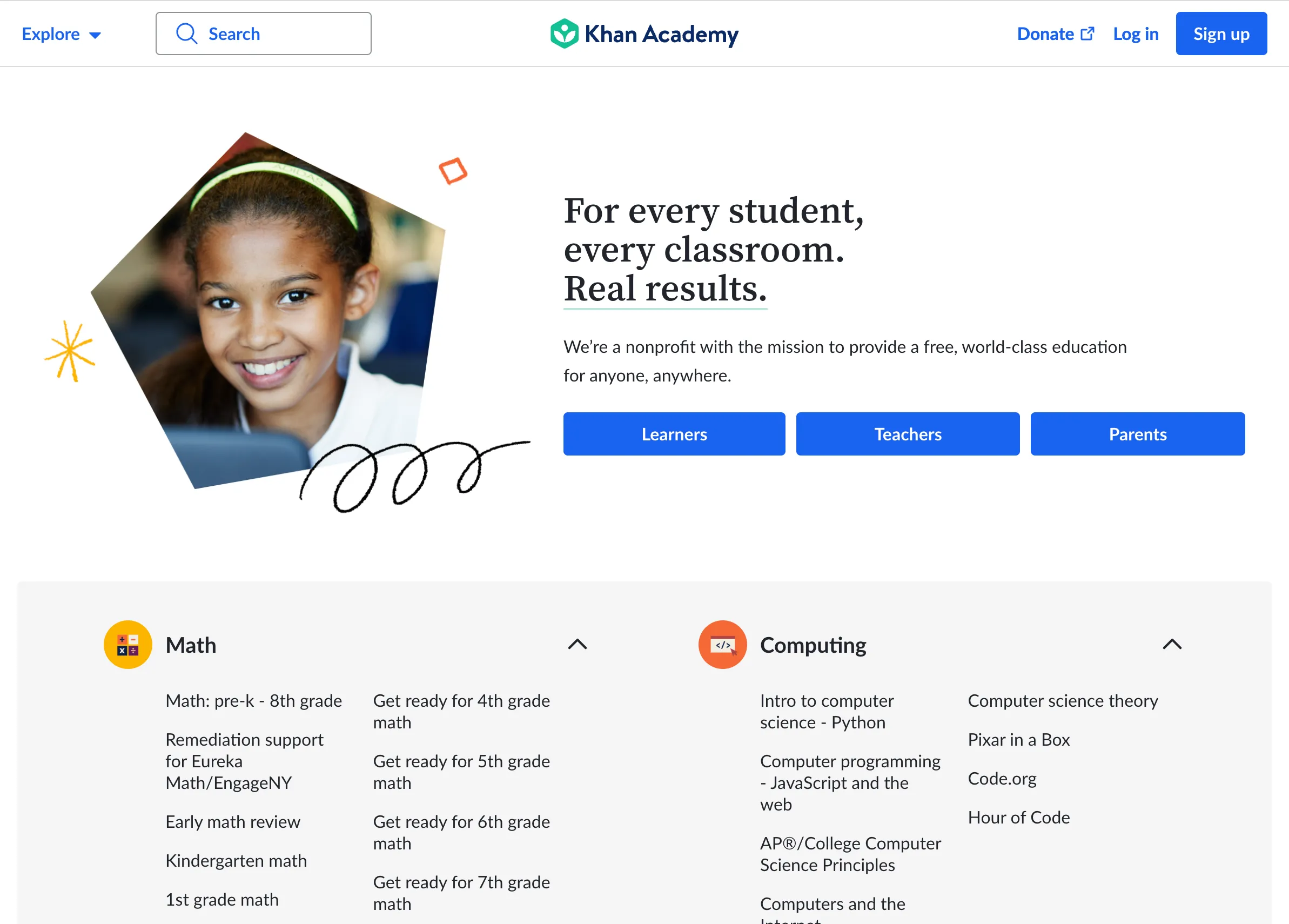 Giao diện trang chủ Khan Academy, nền tảng học online miễn phí nổi tiếng với các khóa học được sắp xếp khoa học.