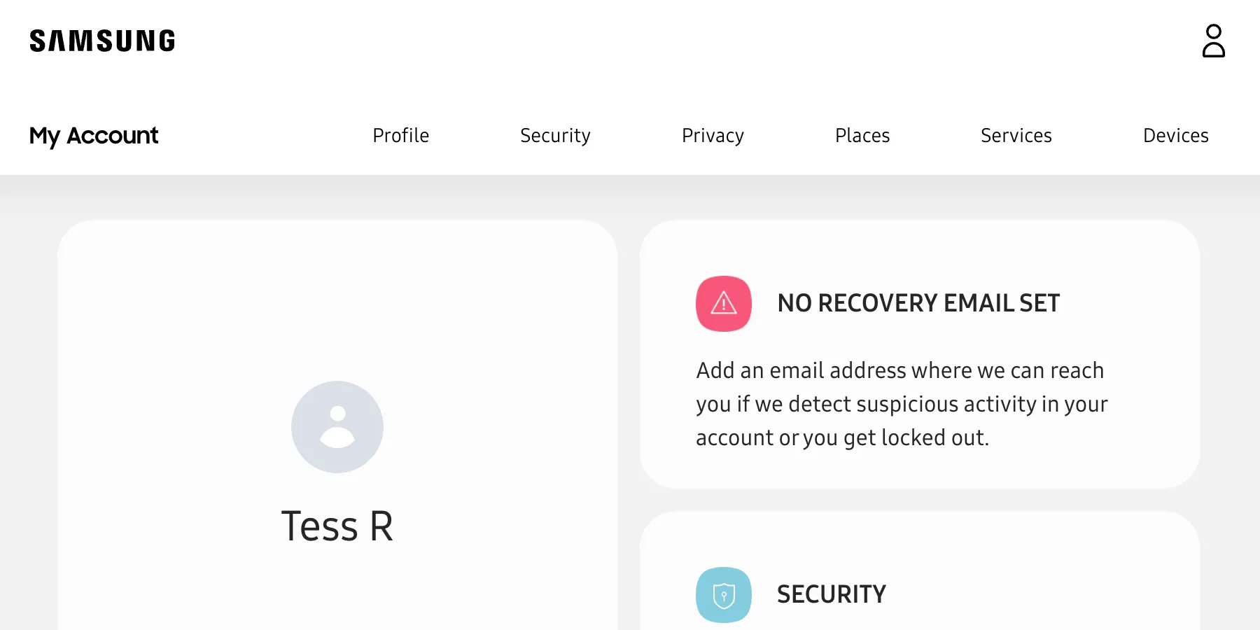 Giao diện trang chủ tài khoản Samsung sau khi đăng nhập, hiển thị thông tin cá nhân và các dịch vụ liên kết.