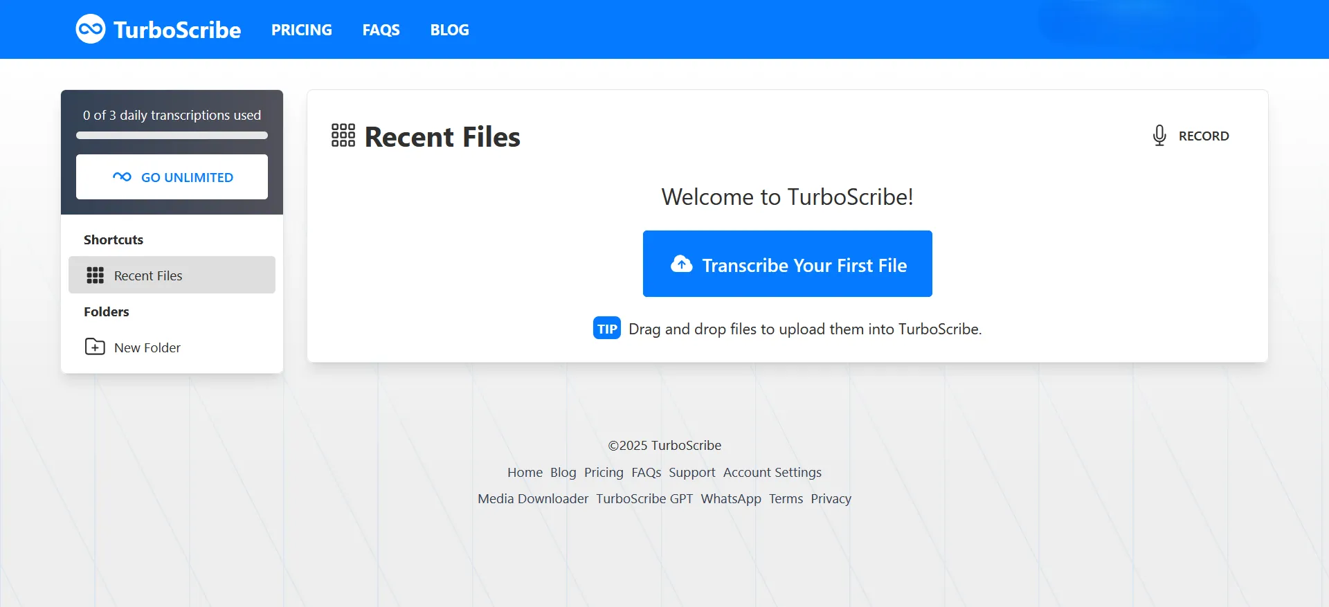 Giao diện trang chủ TurboScribe