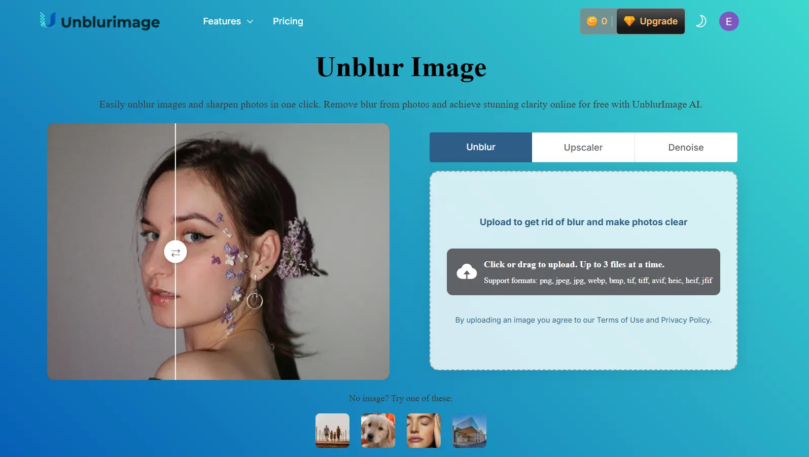 Giao diện trang chủ UnblurImage AI với khung tải ảnh và các tùy chọn chỉnh sửa
