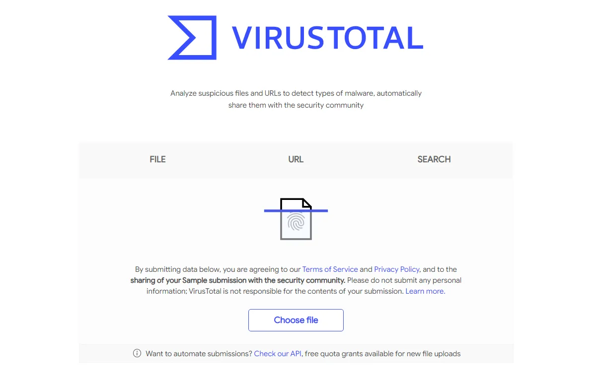 Giao diện trang chủ VirusTotal, một dịch vụ quét virus trực tuyến hàng đầu để kiểm tra độ an toàn của tệp và liên kết.