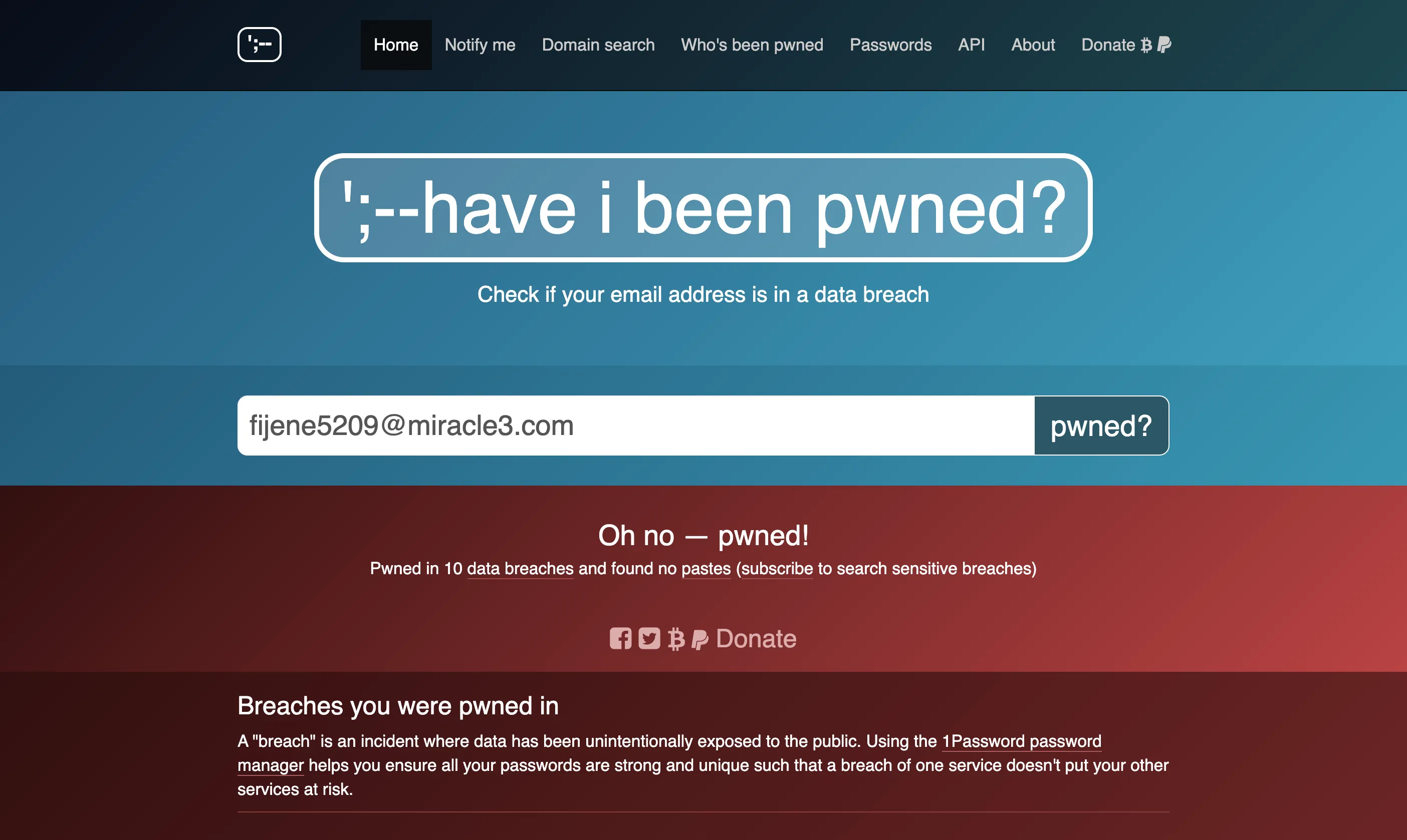 Giao diện trang Have I Been Pwned giúp kiểm tra email bị lộ dữ liệu