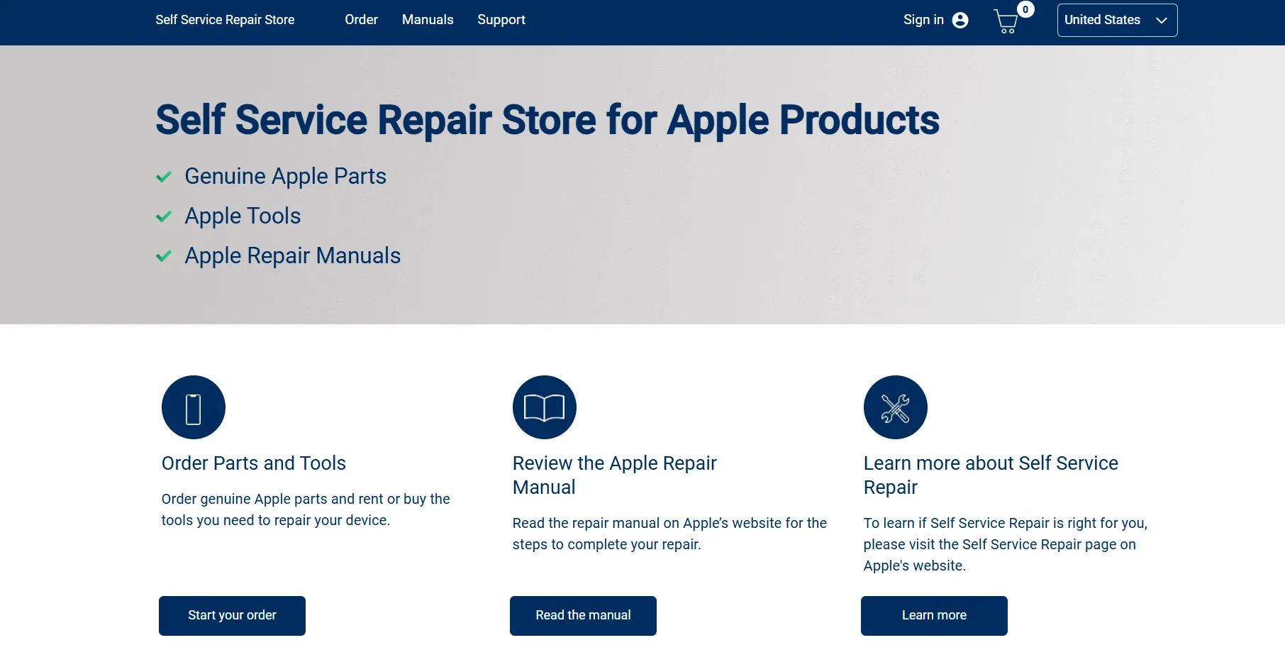 Giao diện trang web Apple Self-Service Repair hướng dẫn tự sửa chữa thiết bị