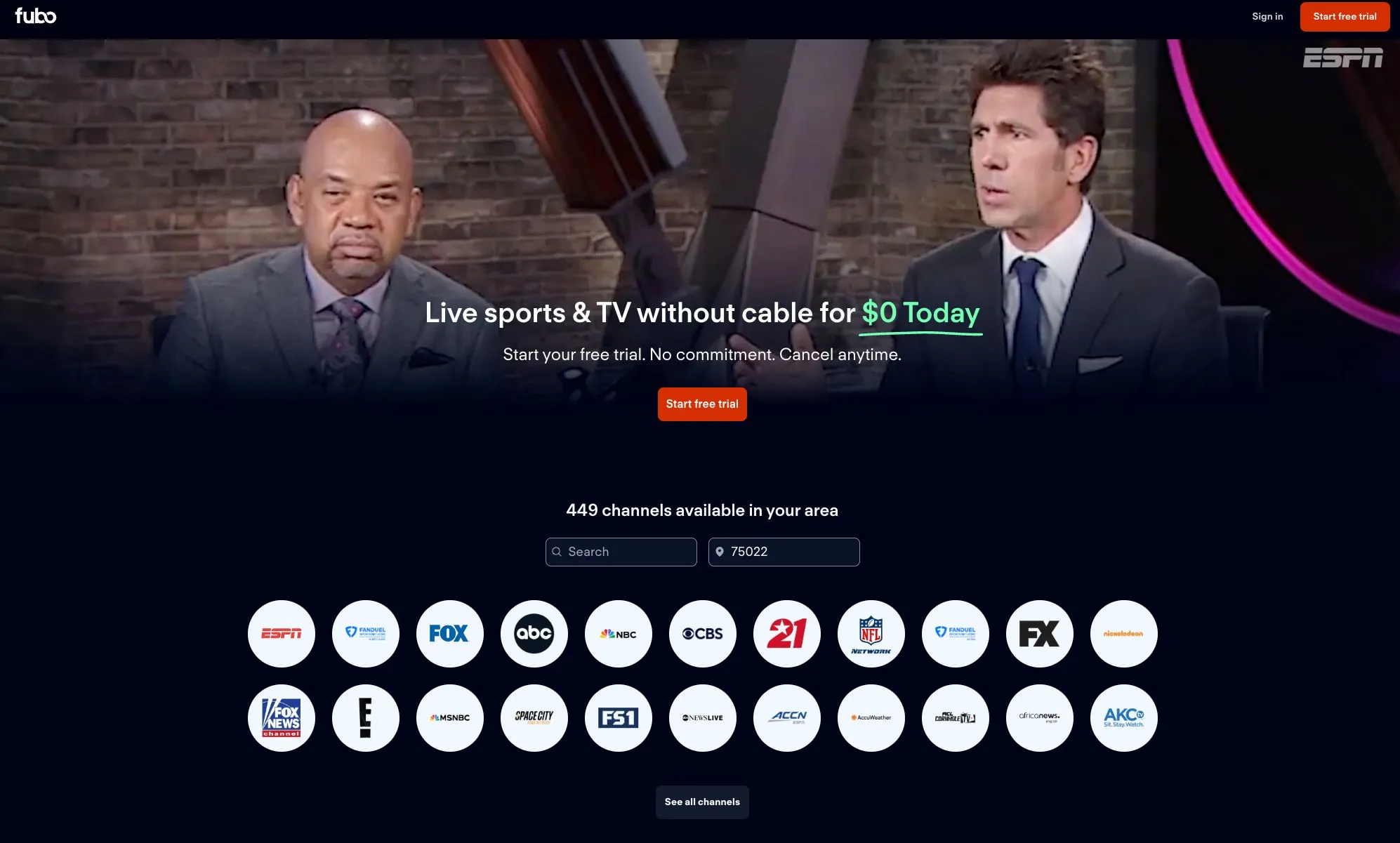 Giao diện trang web Fubo TV hiển thị thông tin các gói dịch vụ và ưu đãi, minh họa việc cập nhật giá cước live streaming.