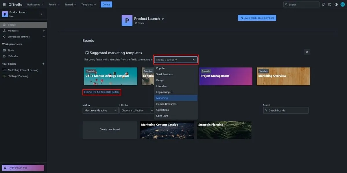 Giao diện Trello hiển thị cách tạo bảng công việc mới từ các mẫu có sẵn để quản lý dự án hiệu quả.