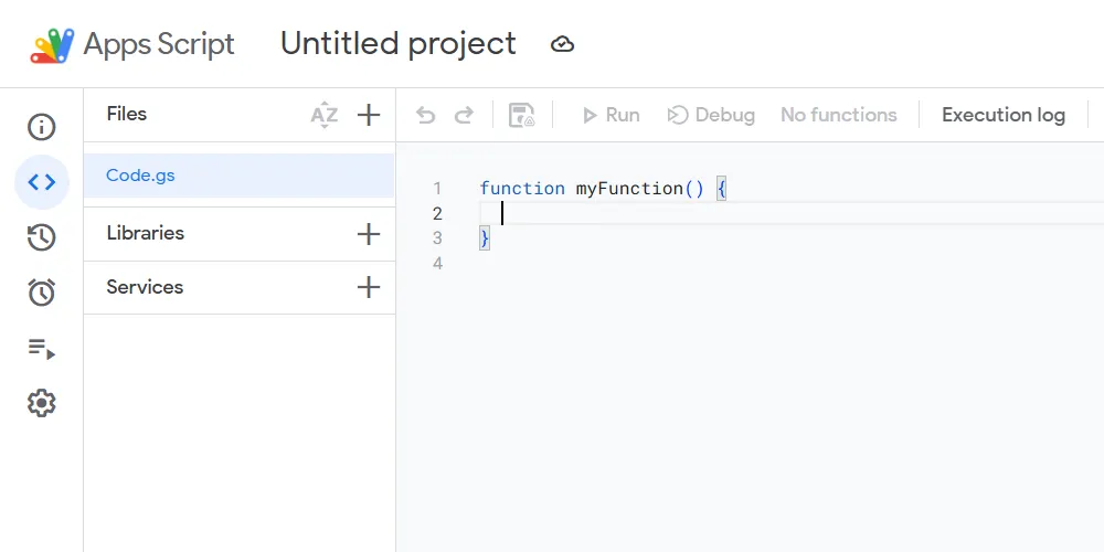Giao diện trình chỉnh sửa Google Apps Script IDE, nơi viết và quản lý các đoạn mã tự động hóa
