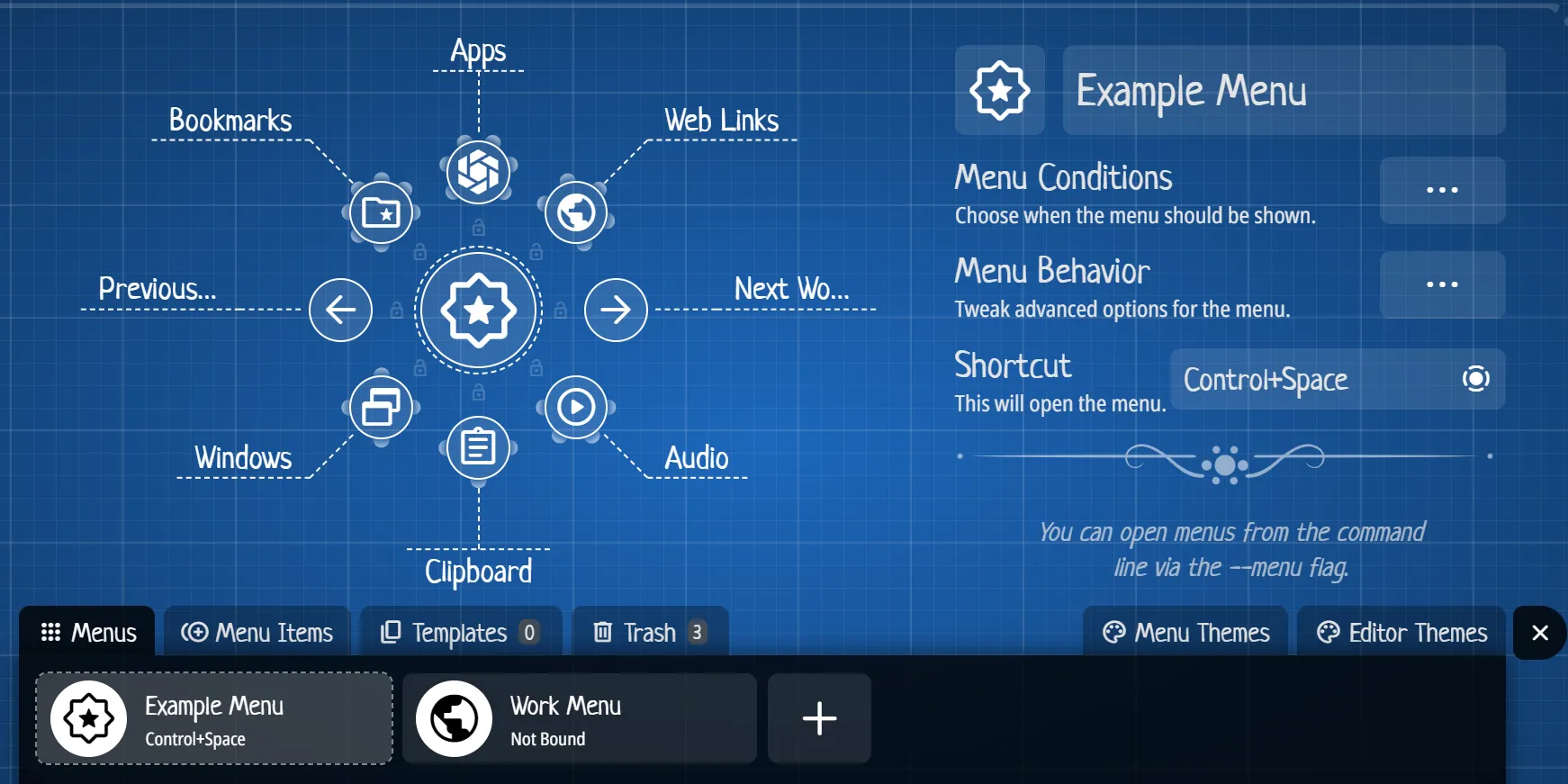 Giao diện trình chỉnh sửa menu Kando mở trong Windows 11