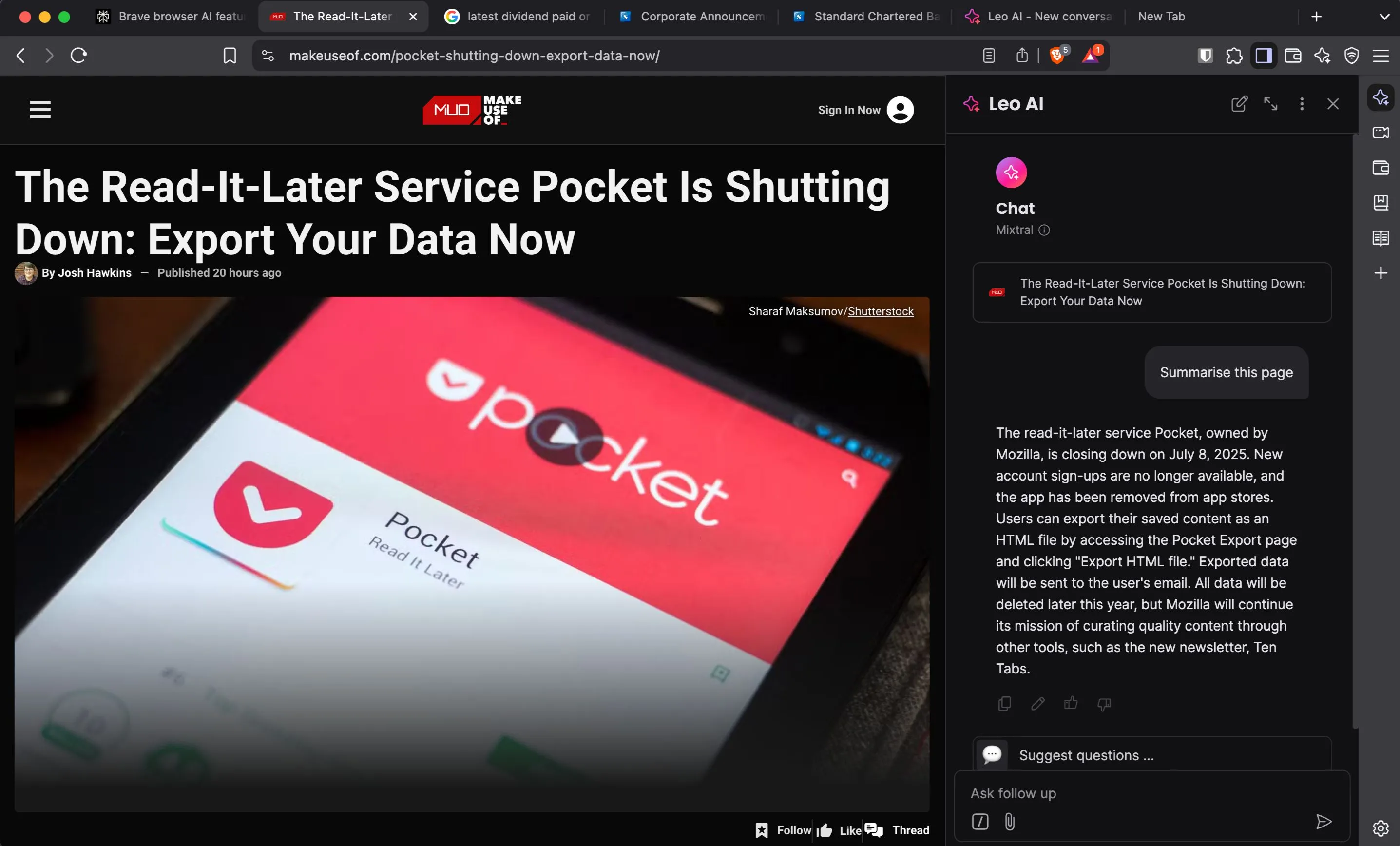 Giao diện trình duyệt Brave với trợ lý AI Leo được tích hợp sẵn ở sidebar bên phải