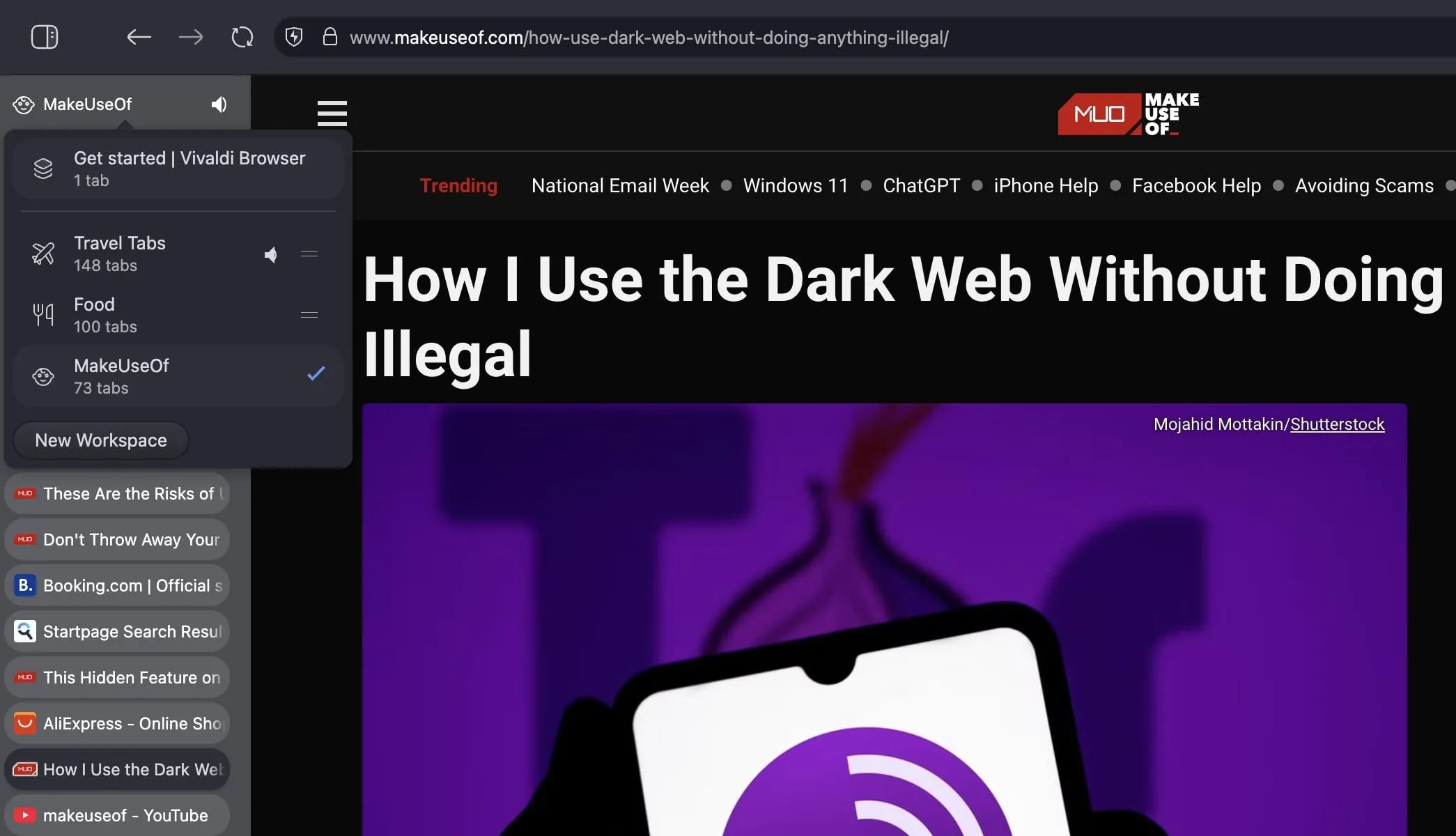 Giao diện trình duyệt Vivaldi với các không gian làm việc Workspaces và hệ thống tab được tổ chức khoa học