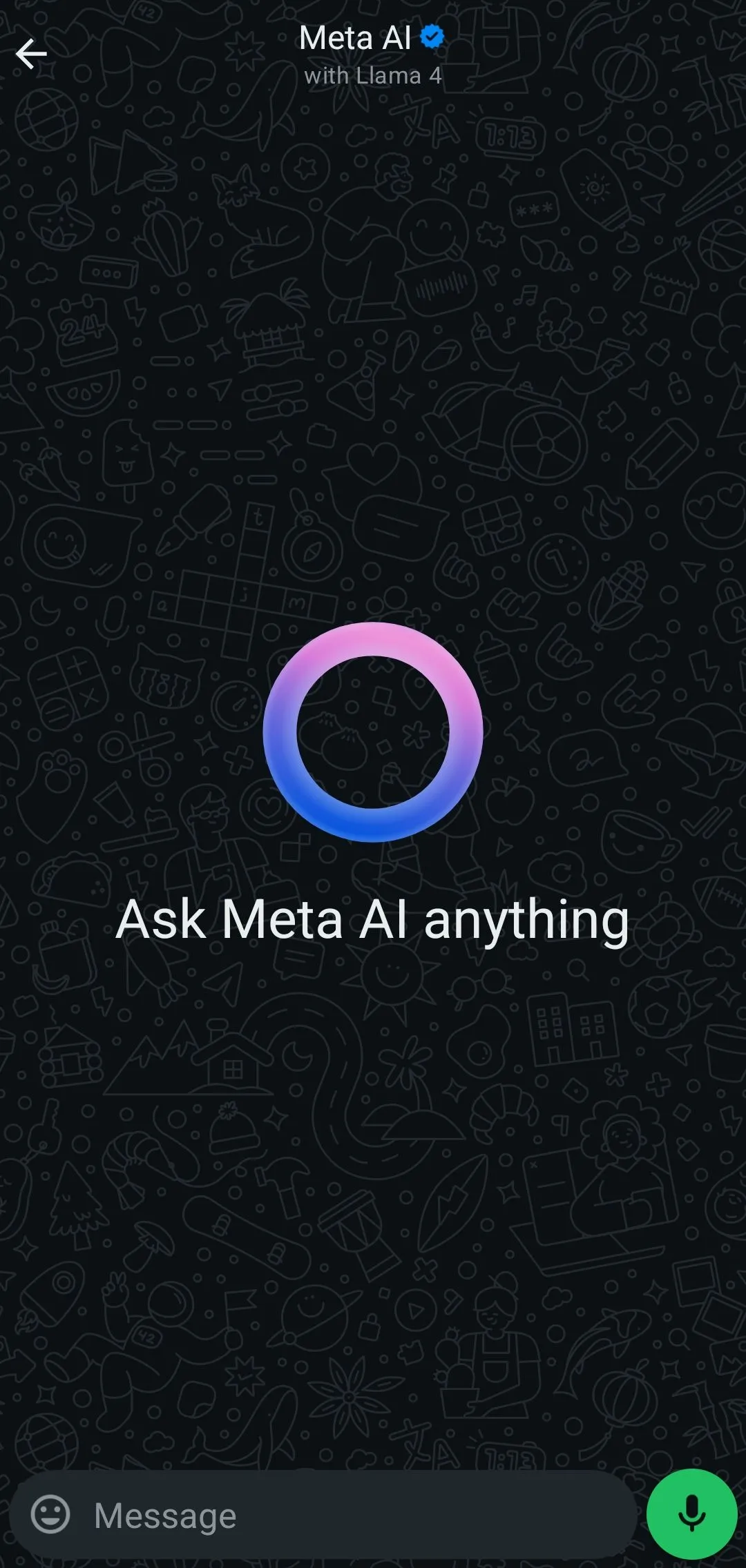 Giao diện trò chuyện Meta AI trống trải trên WhatsApp, minh họa sự xuất hiện của nút AI mới.