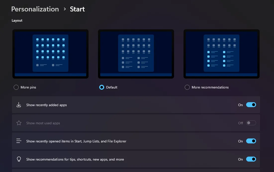 Giao diện tùy chỉnh cài đặt Start Menu trên Windows 11 với các tùy chọn hiển thị