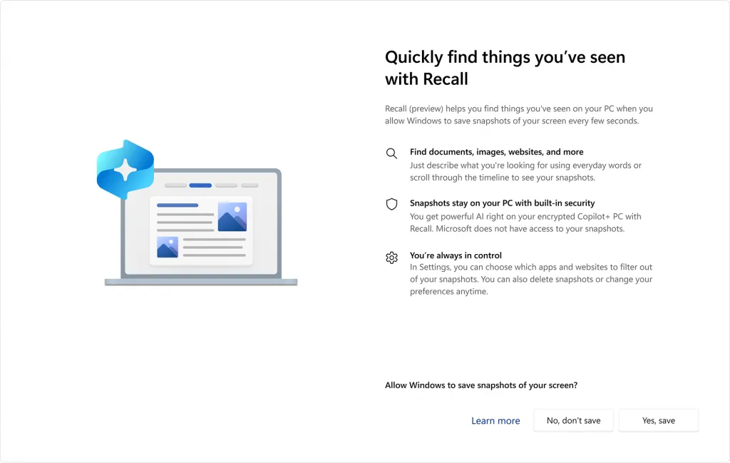 Giao diện tùy chọn tính năng Microsoft Recall hiển thị các cài đặt bảo mật và quyền riêng tư