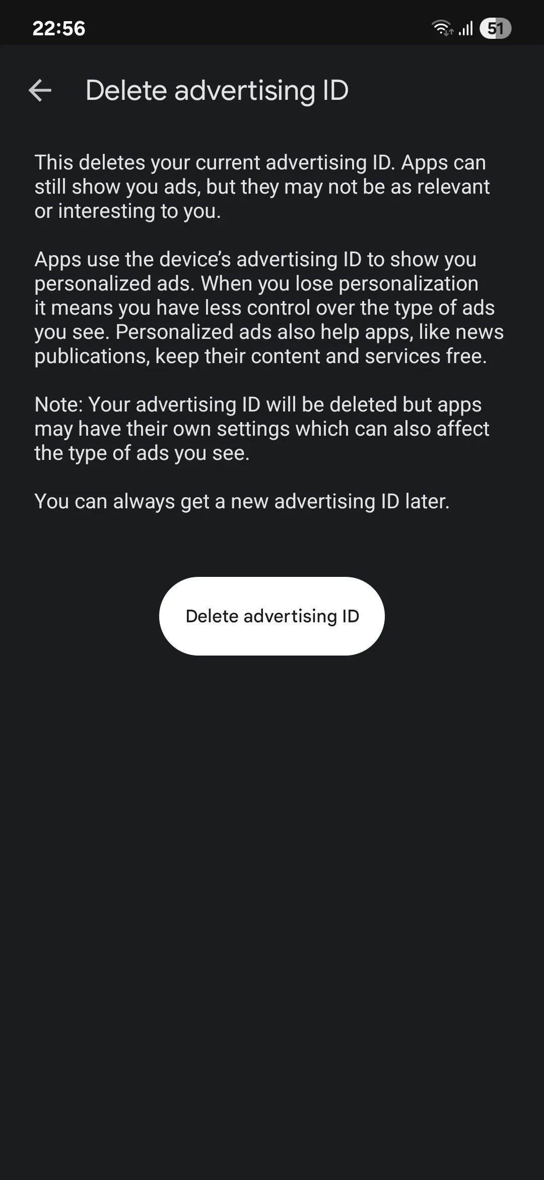 Giao diện tùy chọn xóa hoặc đặt lại ID quảng cáo Google trên Android để kiểm soát quảng cáo cá nhân hóa.