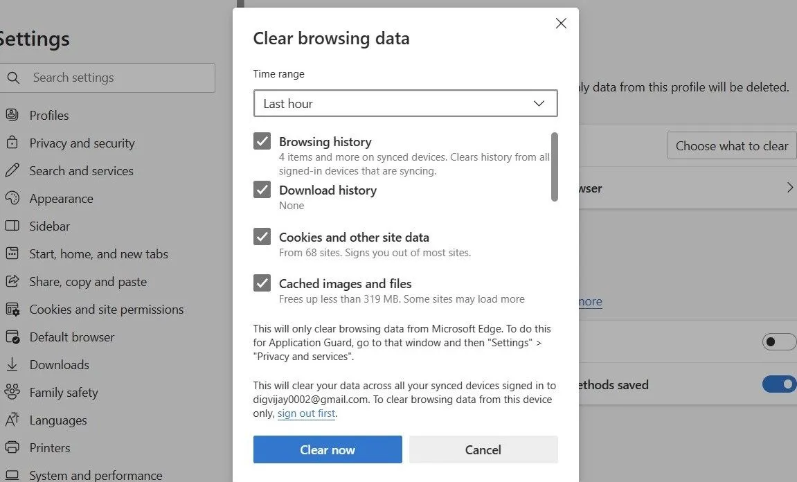Giao diện tùy chọn xóa lịch sử và dữ liệu duyệt web trên Microsoft Edge