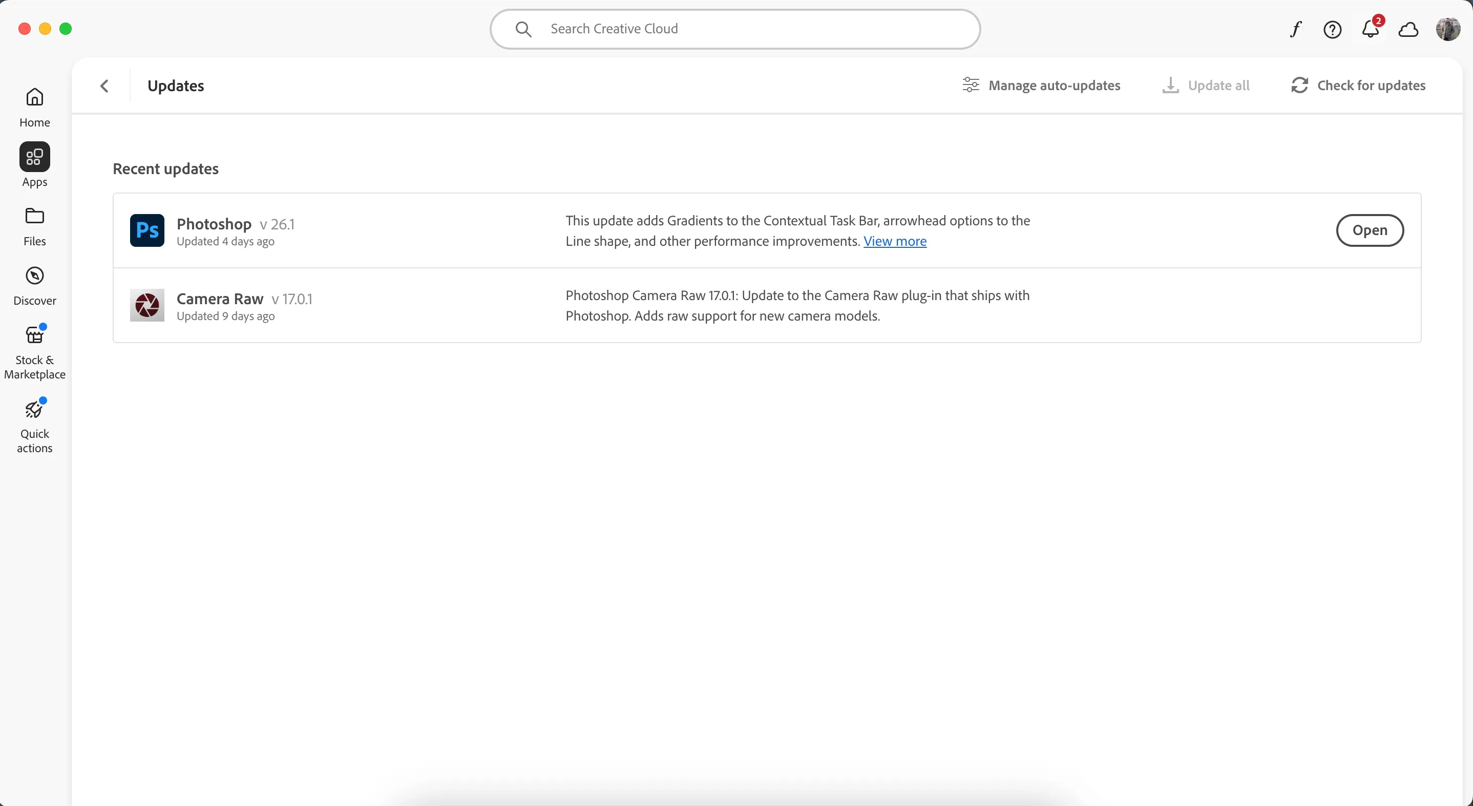Giao diện ứng dụng Adobe Creative Cloud hiển thị tùy chọn kiểm tra và cập nhật phần mềm Photoshop