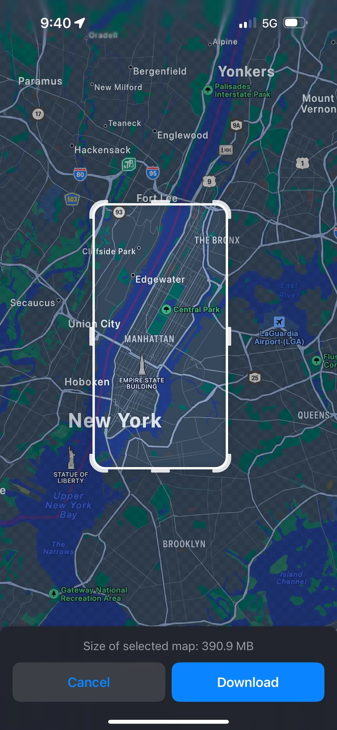 Giao diện ứng dụng Apple Maps trên iOS 17 cho phép tải bản đồ ngoại tuyến, giúp tiết kiệm pin và dữ liệu di động khi du lịch