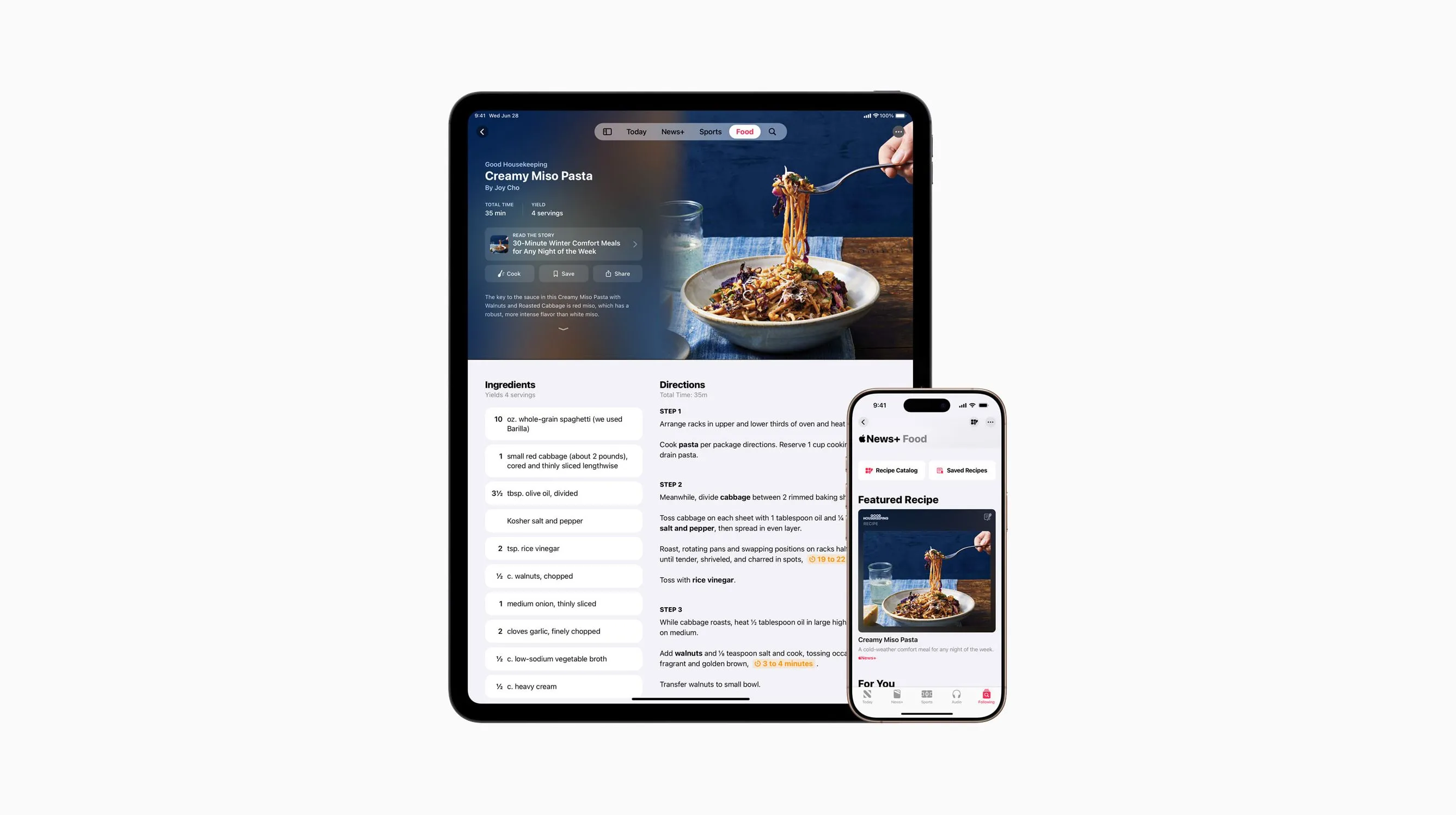 Giao diện ứng dụng Apple News+ Food hiển thị các công thức nấu ăn và tạp chí ẩm thực trên iPhone và iPad.