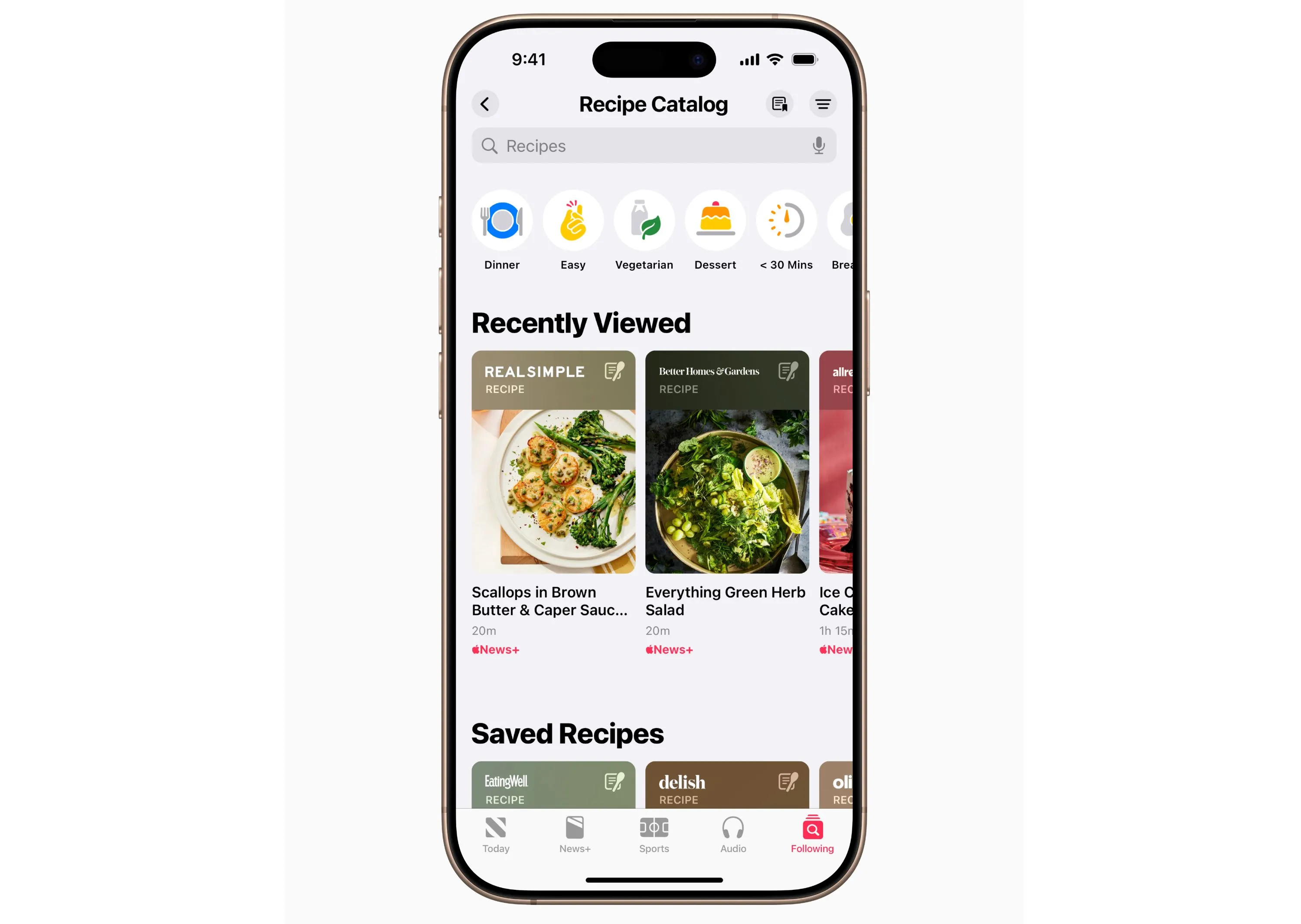 Giao diện ứng dụng Apple News+ Food với kho tàng công thức nấu ăn phong phú, có sẵn trên iOS 18.4.