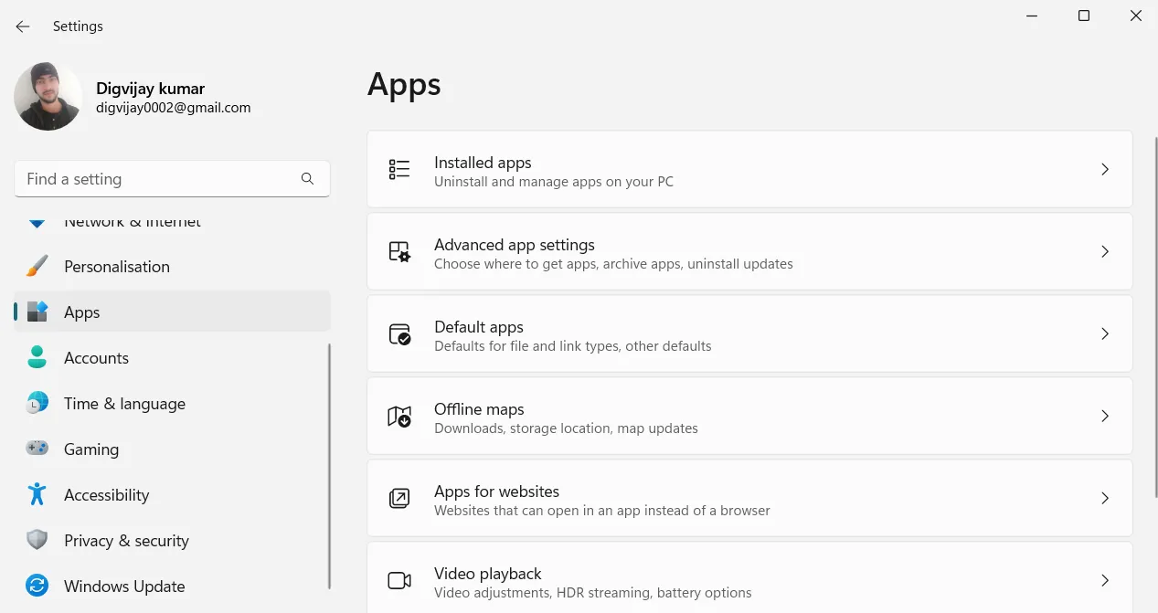 Giao diện ứng dụng Cài đặt trong Windows 11 hiển thị mục &quot;Installed apps&quot; dưới phần &quot;Apps&quot;