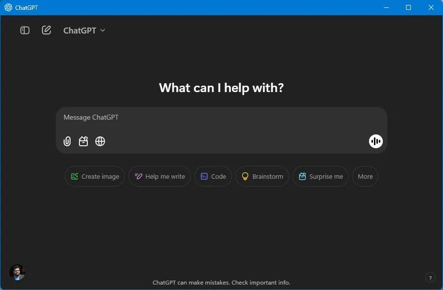 Giao diện ứng dụng ChatGPT trên Windows 11 với các tính năng chụp ảnh màn hình