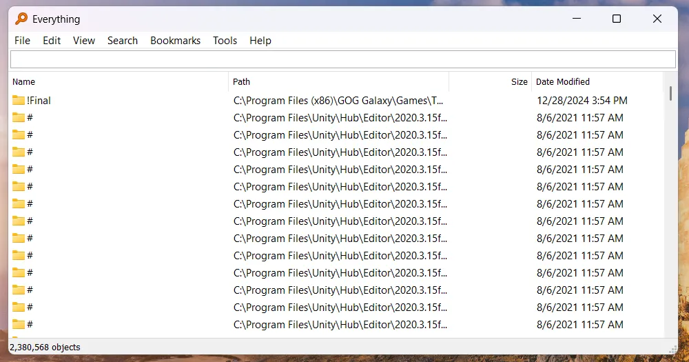 Giao diện ứng dụng Everything trên Windows, hiển thị kết quả tìm kiếm file và thư mục siêu tốc.
