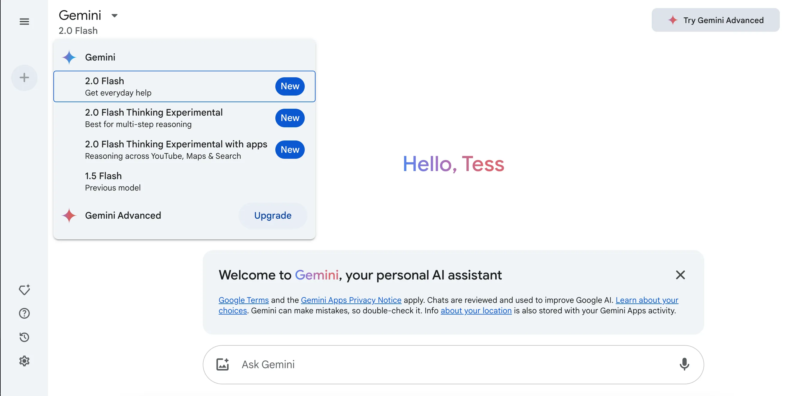 Giao diện ứng dụng Gemini trên web với menu thả xuống lựa chọn mô hình AI
