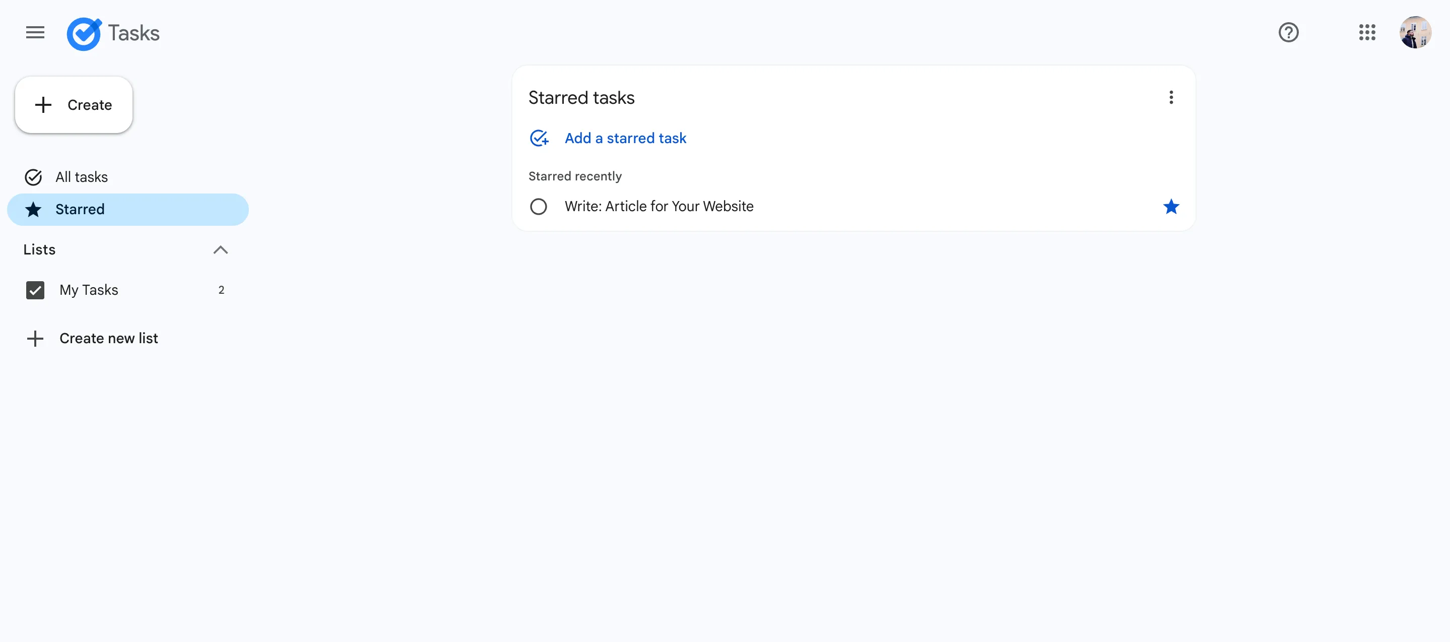 Giao diện ứng dụng Google Tasks trên iPhone hiển thị các nhiệm vụ quan trọng được gắn dấu sao để dễ dàng quản lý và theo dõi.